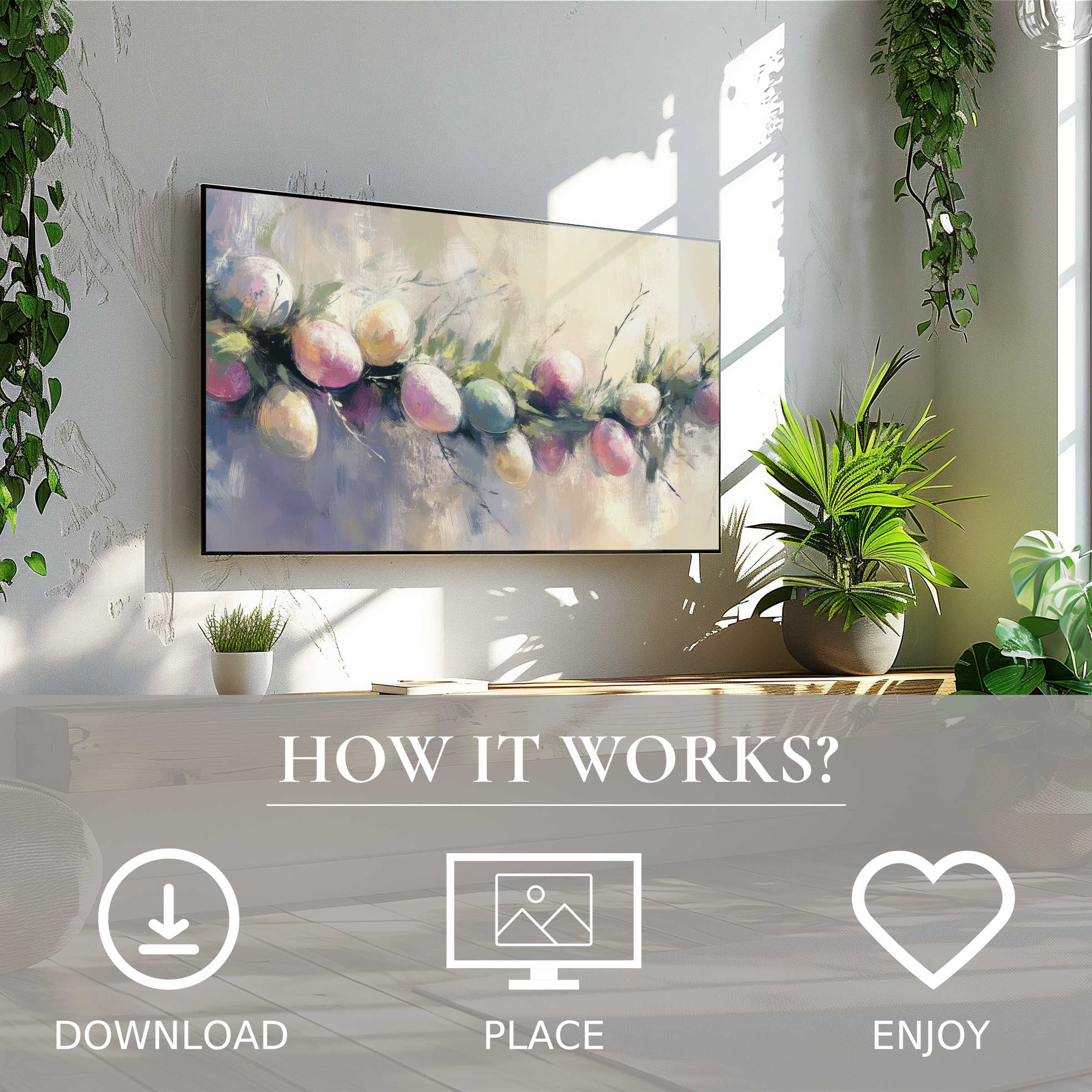 Modern living room with easter art for Samsung TV showing soft pastel eggs; easy digital download enriches space