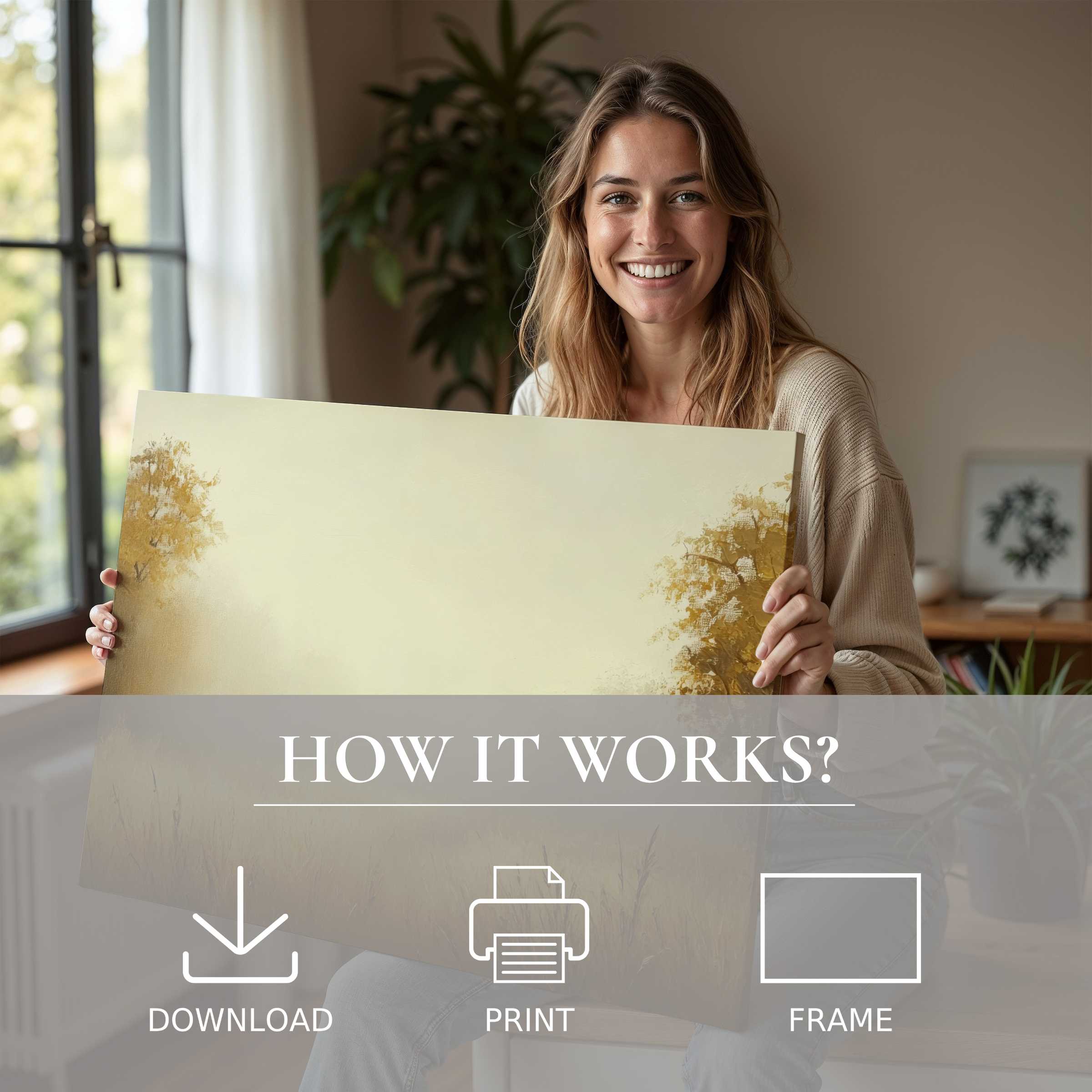 Young woman embraces a fall digital art print, capturing the serene joy of effortless style in a modern home
