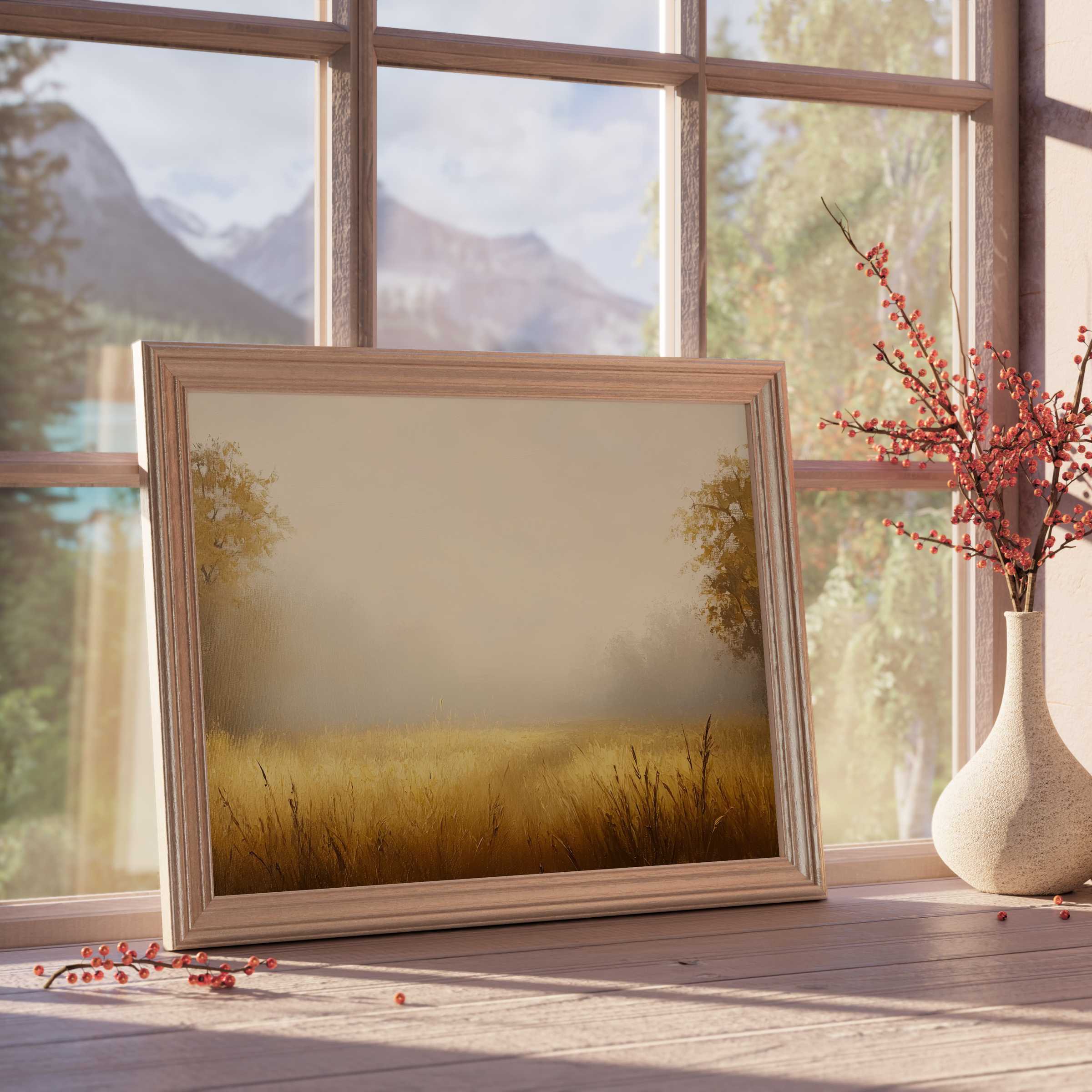Serene fall downloadable art capturing golden meadows and misty trees, perfect for tranquil, curated modern interiors with warm autumnal vibes