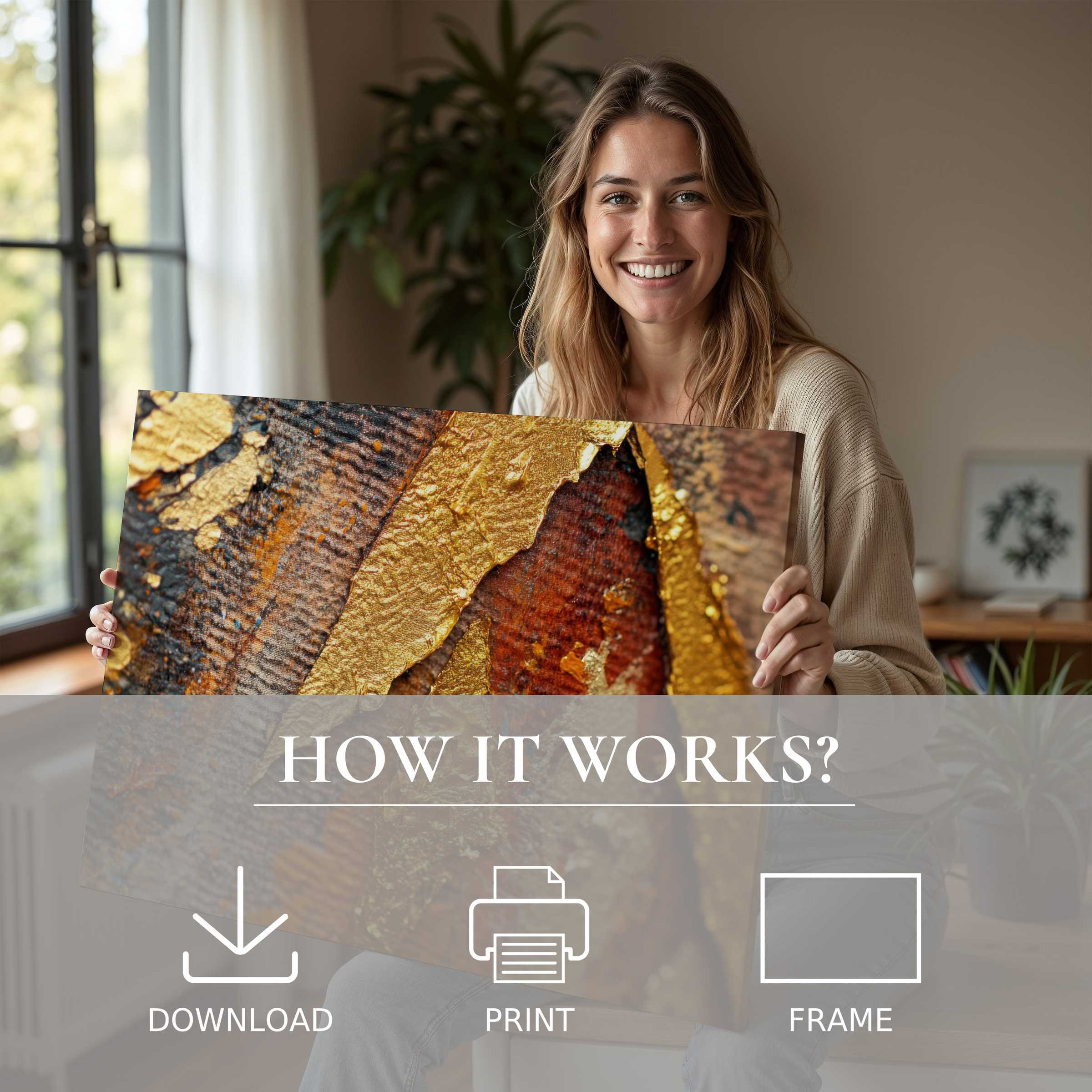 A radiant moment of connection and joy as abstract digital art print in rich gold and earth tones elevates a modern home’s serene ambiance