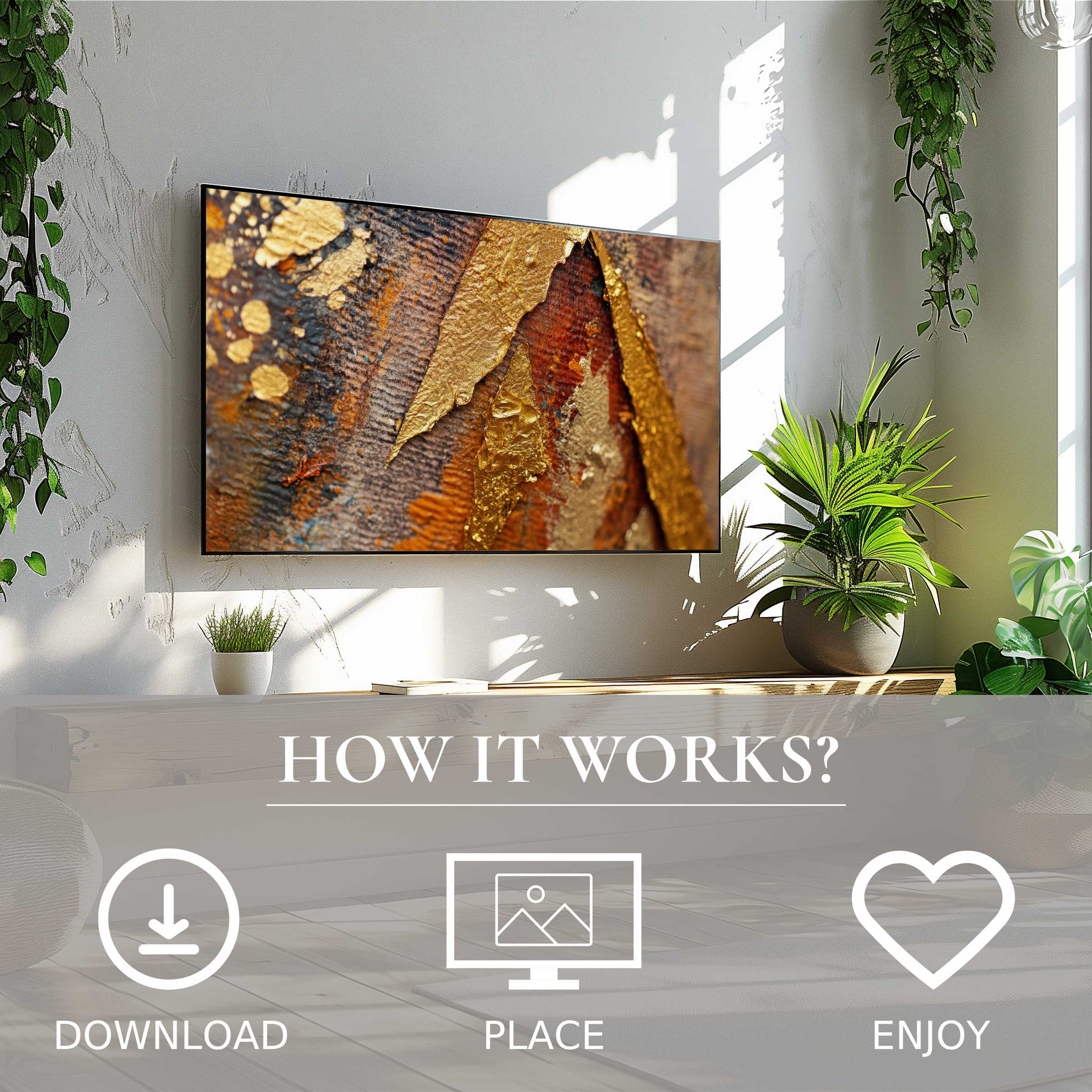 Abstract art for Samsung TV in chic living space with gold texture motif, easy digital download enriches modern decor