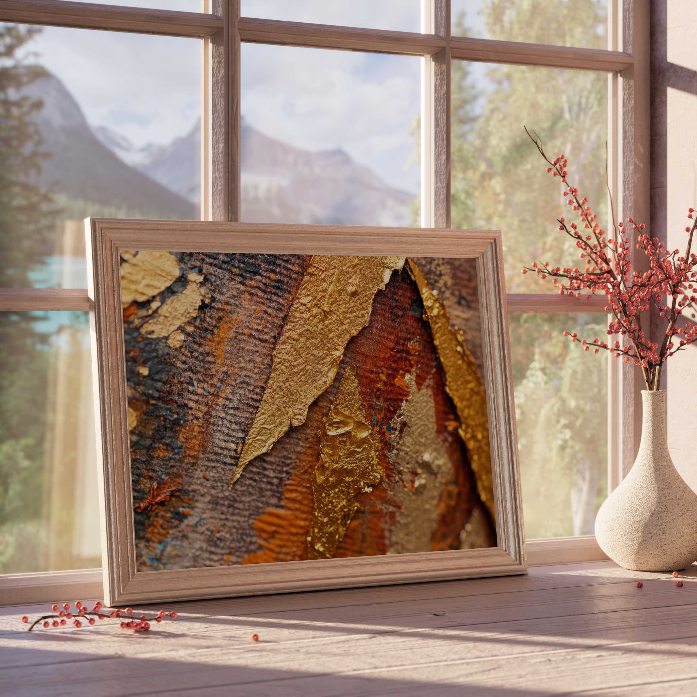 Luxurious abstract downloadable art with textured gold accents, enriching tranquil, design-forward interiors with warm, curated elegance