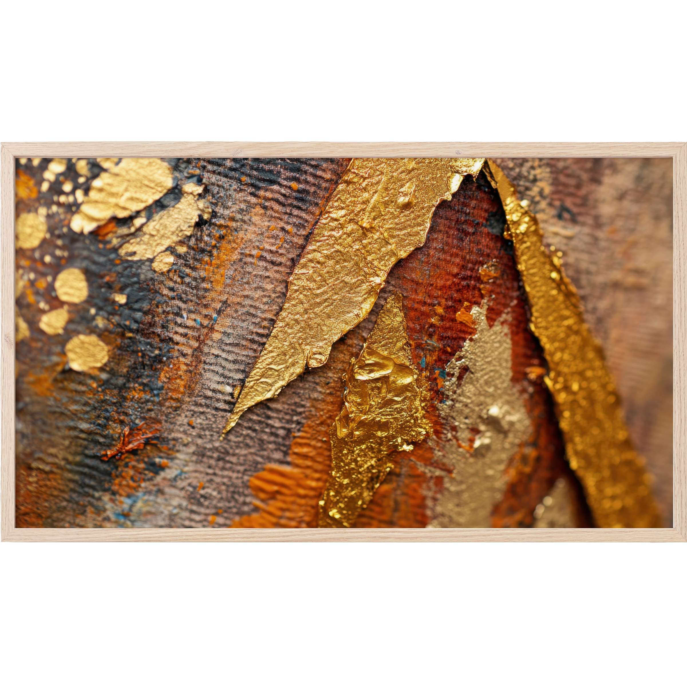 Abstract Frame TV Art featuring textured gold leaf accents over warm rust and deep charcoal brushstrokes in a modern style