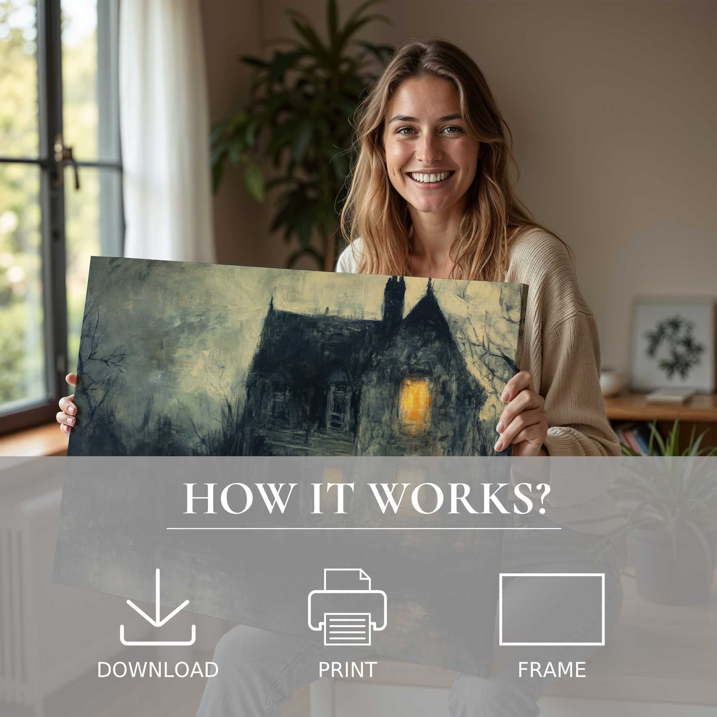 A warm, serene moment in a stylish home reveals a captivating halloween digital art print, inviting joyful connection through its softly glowing, moody tones