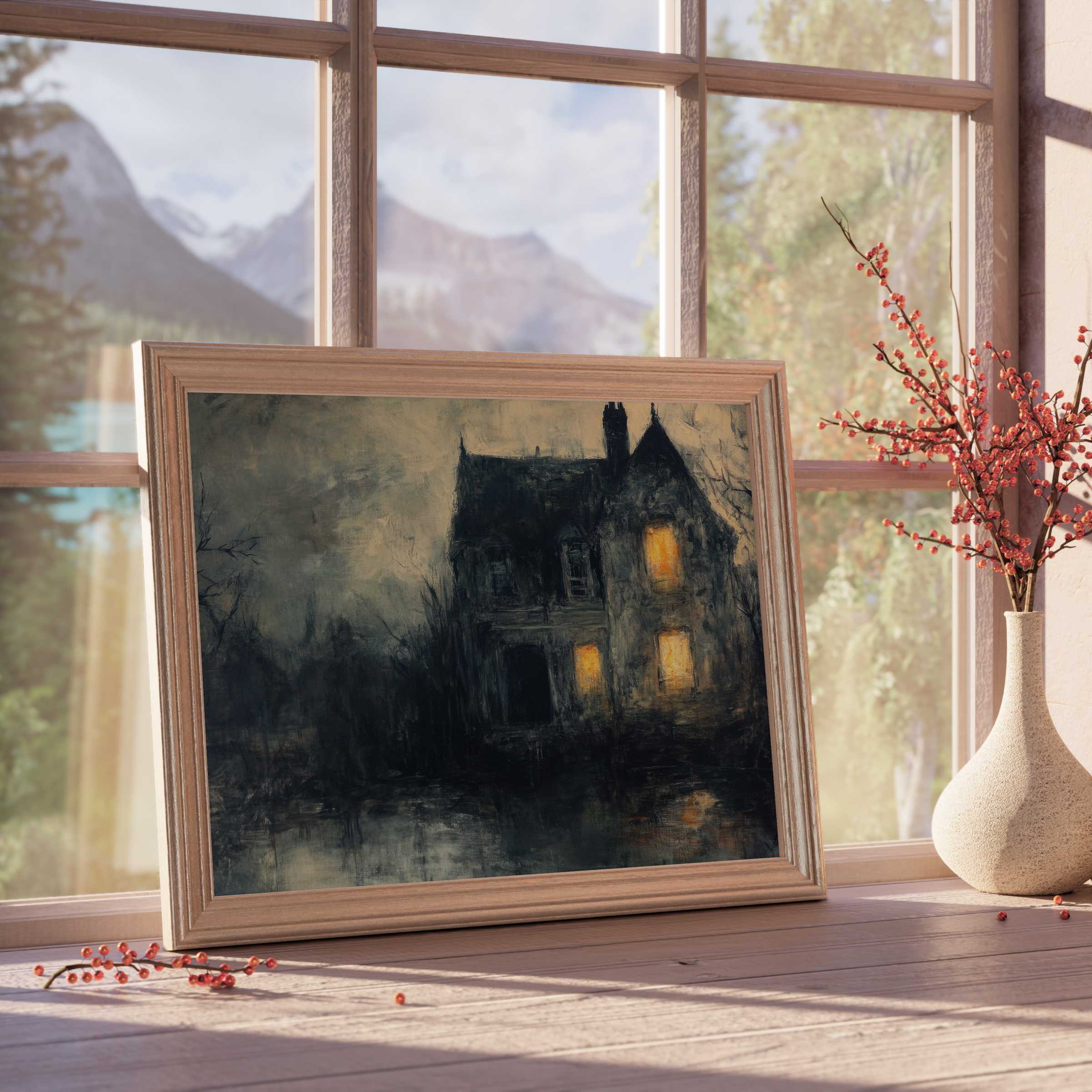 Hauntingly elegant Halloween downloadable art capturing a mysterious, warm-lit gothic home, perfect for curated autumn interiors