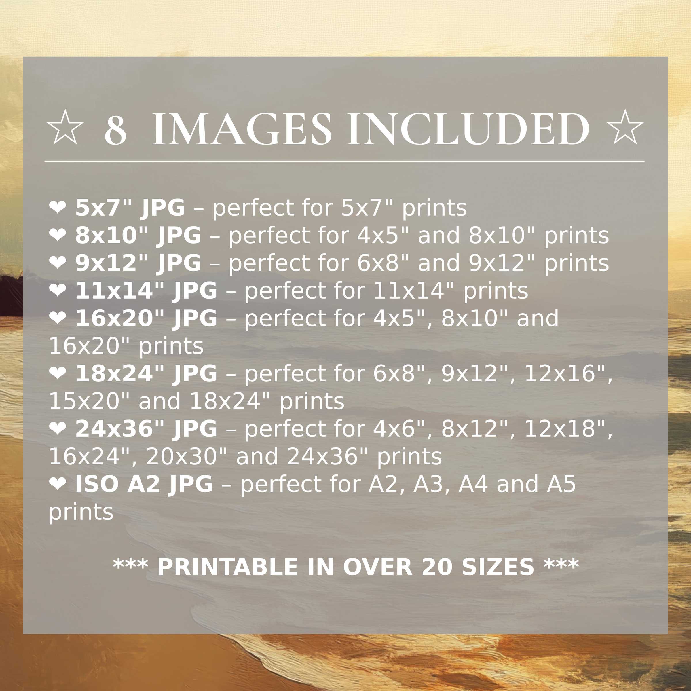 Radiant beach digital print in soothing gold and gray tones, delivering style and serenity to modern interiors with 8 high-quality sizes included