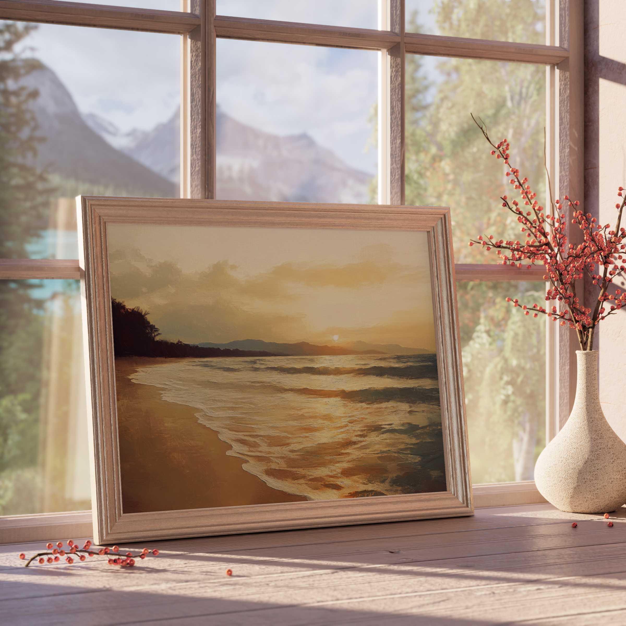 Sun-kissed beach downloadable art capturing serene waves at sunset, elevating tranquil, curated interiors with warm coastal elegance