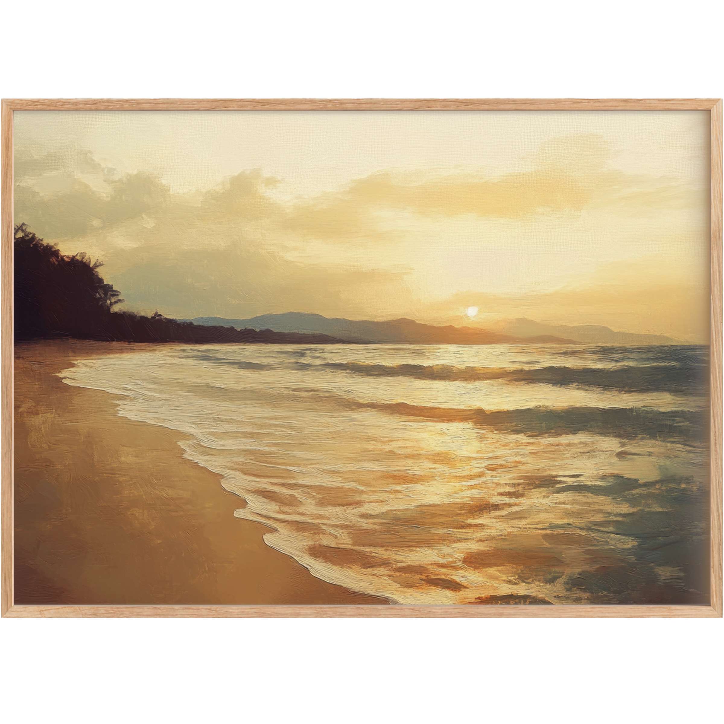 Elegant beach printable wall art capturing a radiant sunset with golden hues and serene waves, elevating tranquil interiors