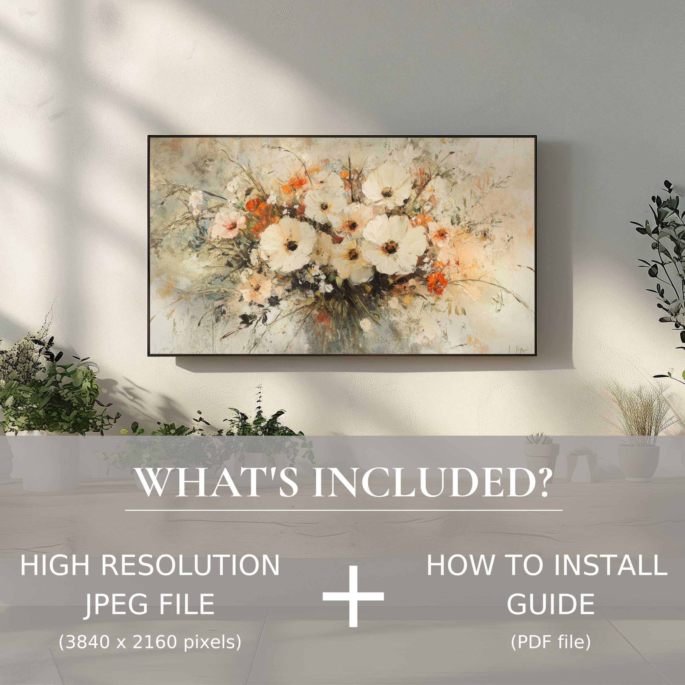 Elegant botanical digital TV art download enhances living spaces with easy digital use, showcasing soft floral beauty and modern style