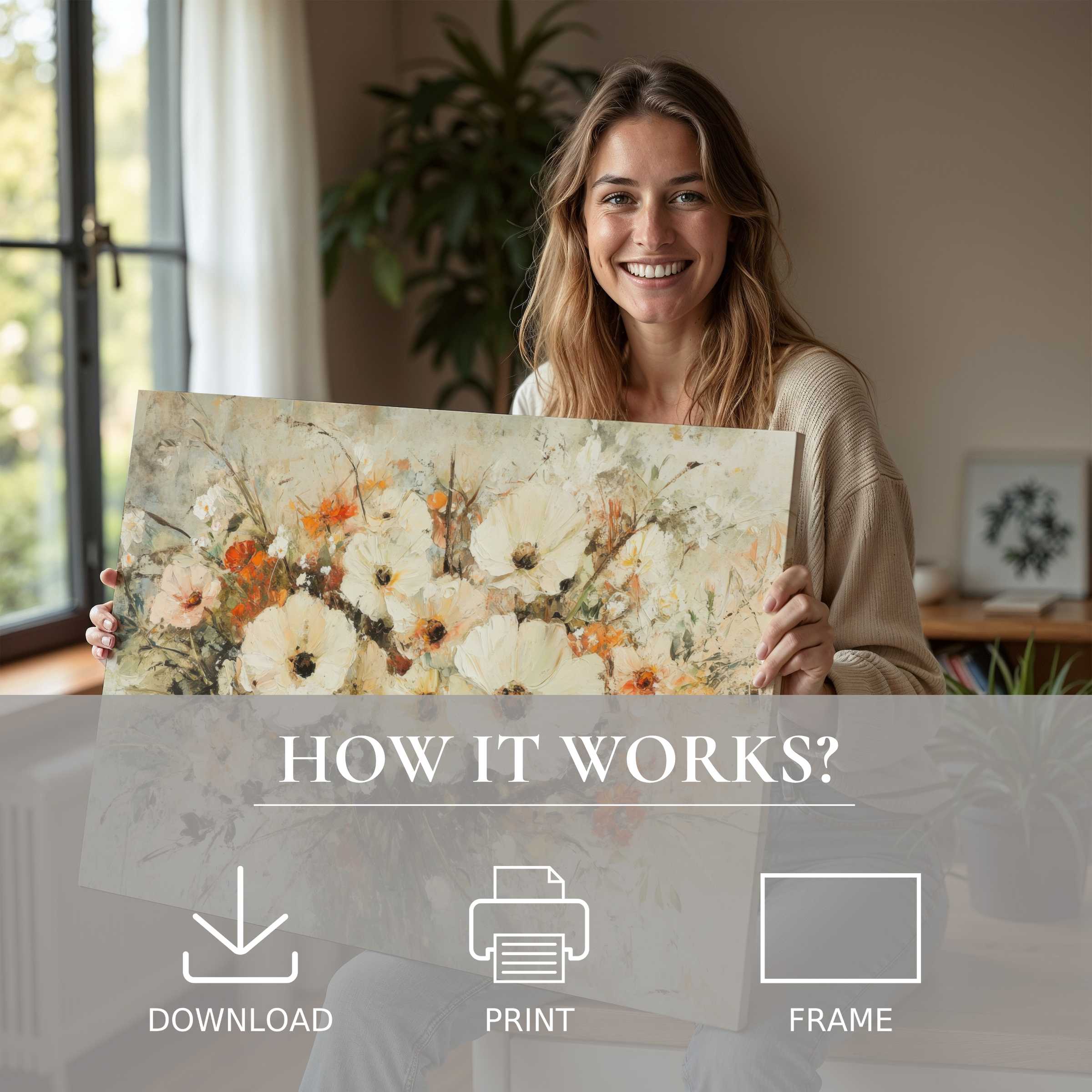 Joyful moment reflecting the serene beauty of botanical digital art print, effortlessly enriching modern living spaces