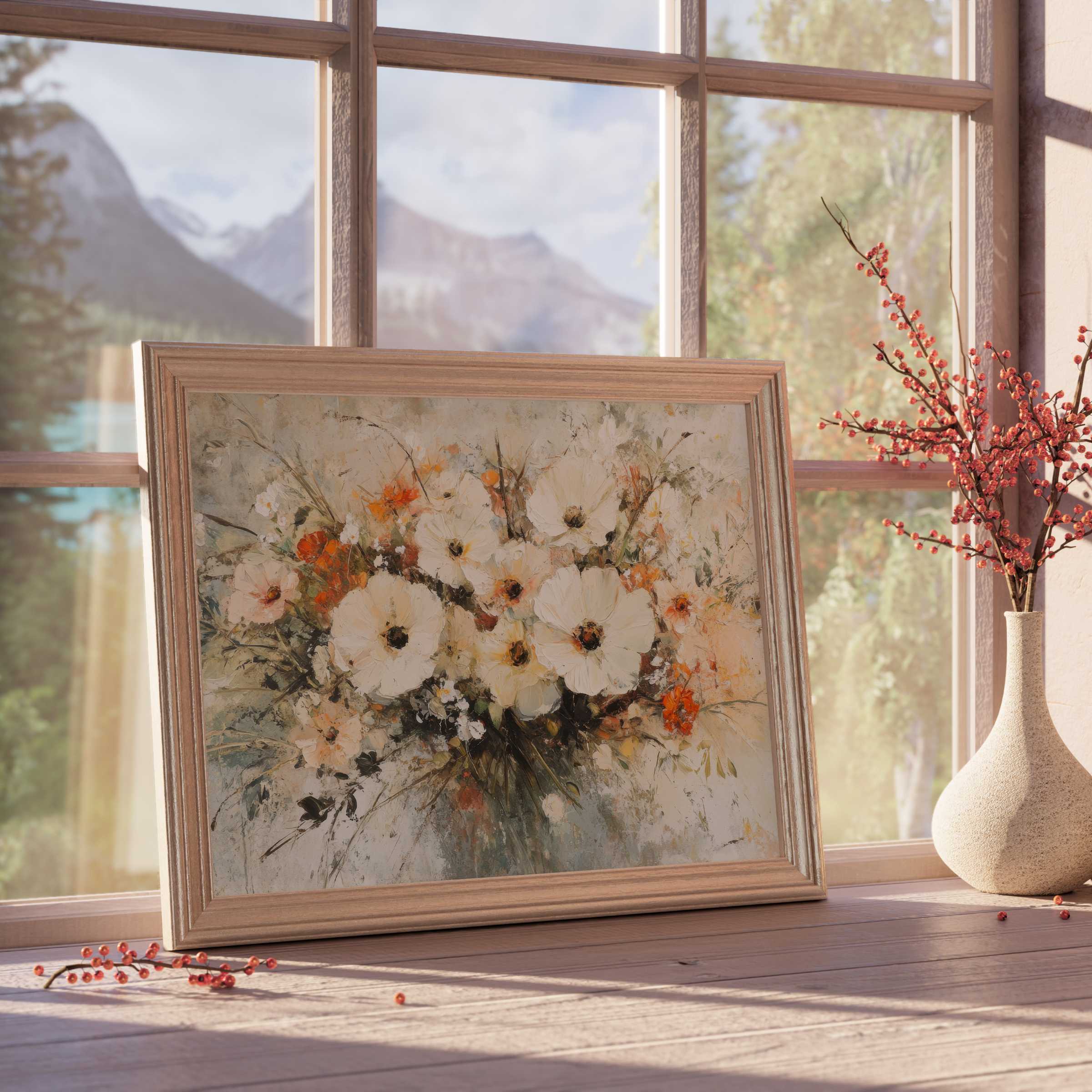 Botanical downloadable art featuring a serene bouquet of white and orange blooms, elevating curated, tranquil interiors with timeless elegance