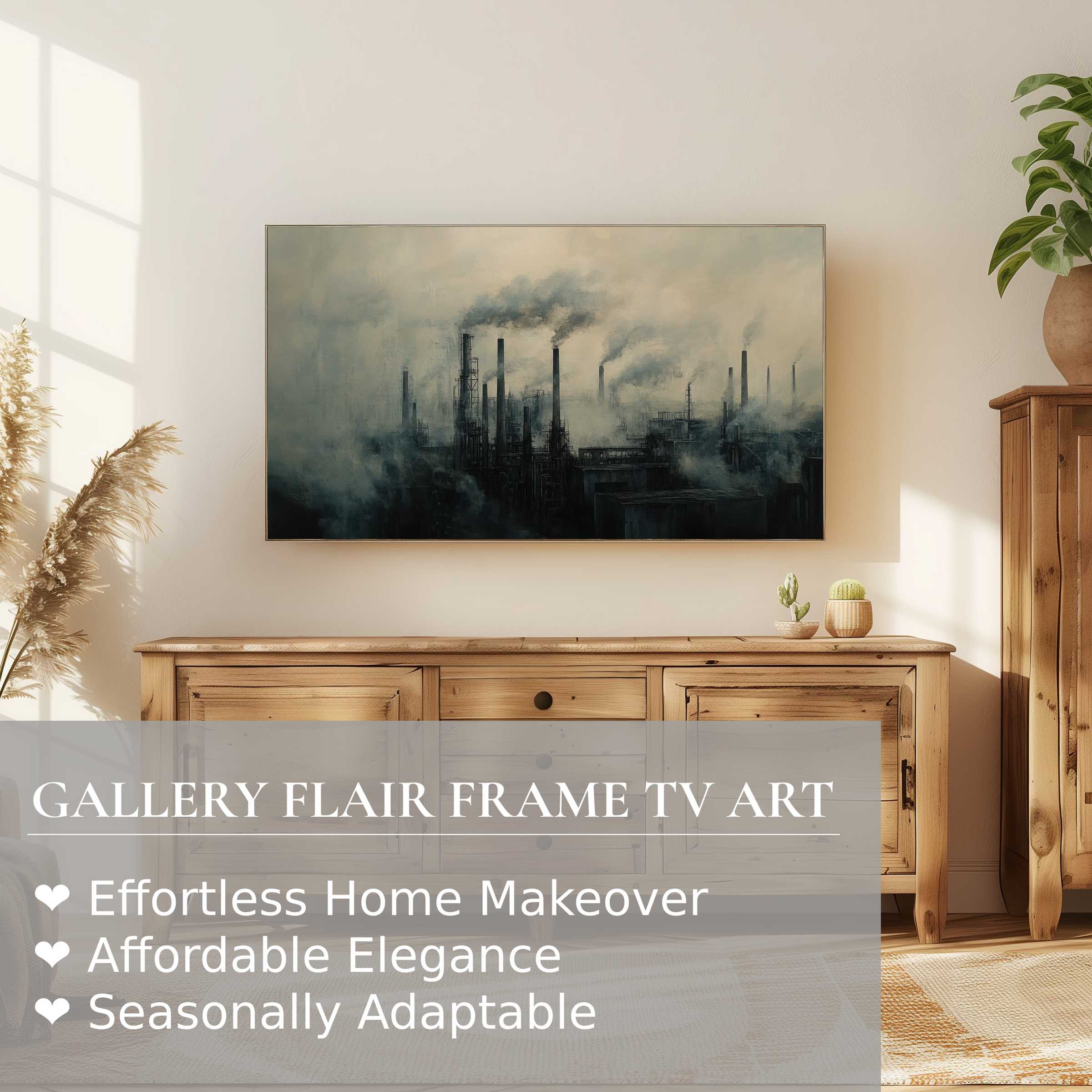 Samsung Frame TV showcasing moody urban digital artwork, blending smoky industrial scenes with modern home elegance