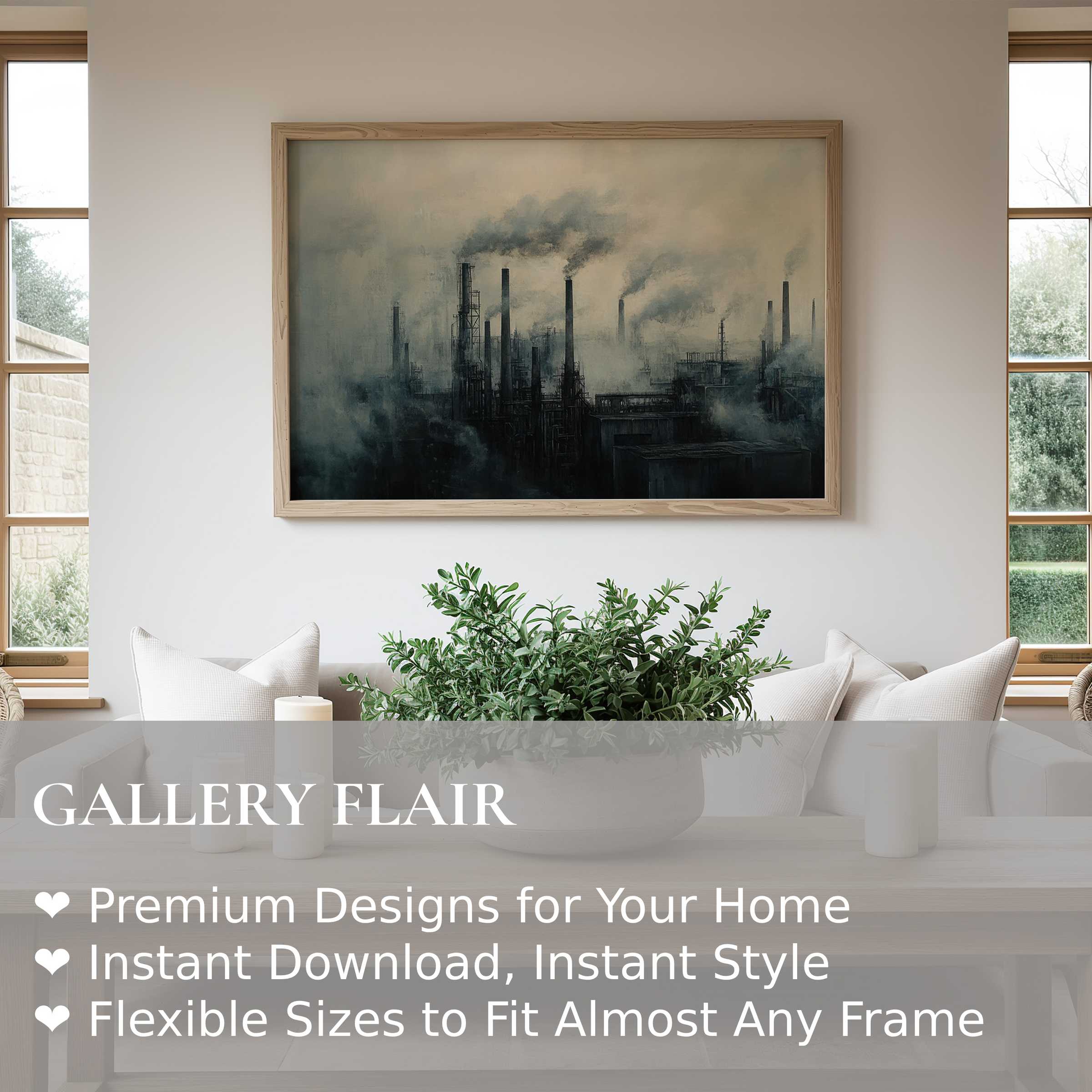 Moody urban art wall art print featuring smoky industrial skyline, adding bold, atmospheric edge to minimalist modern interiors