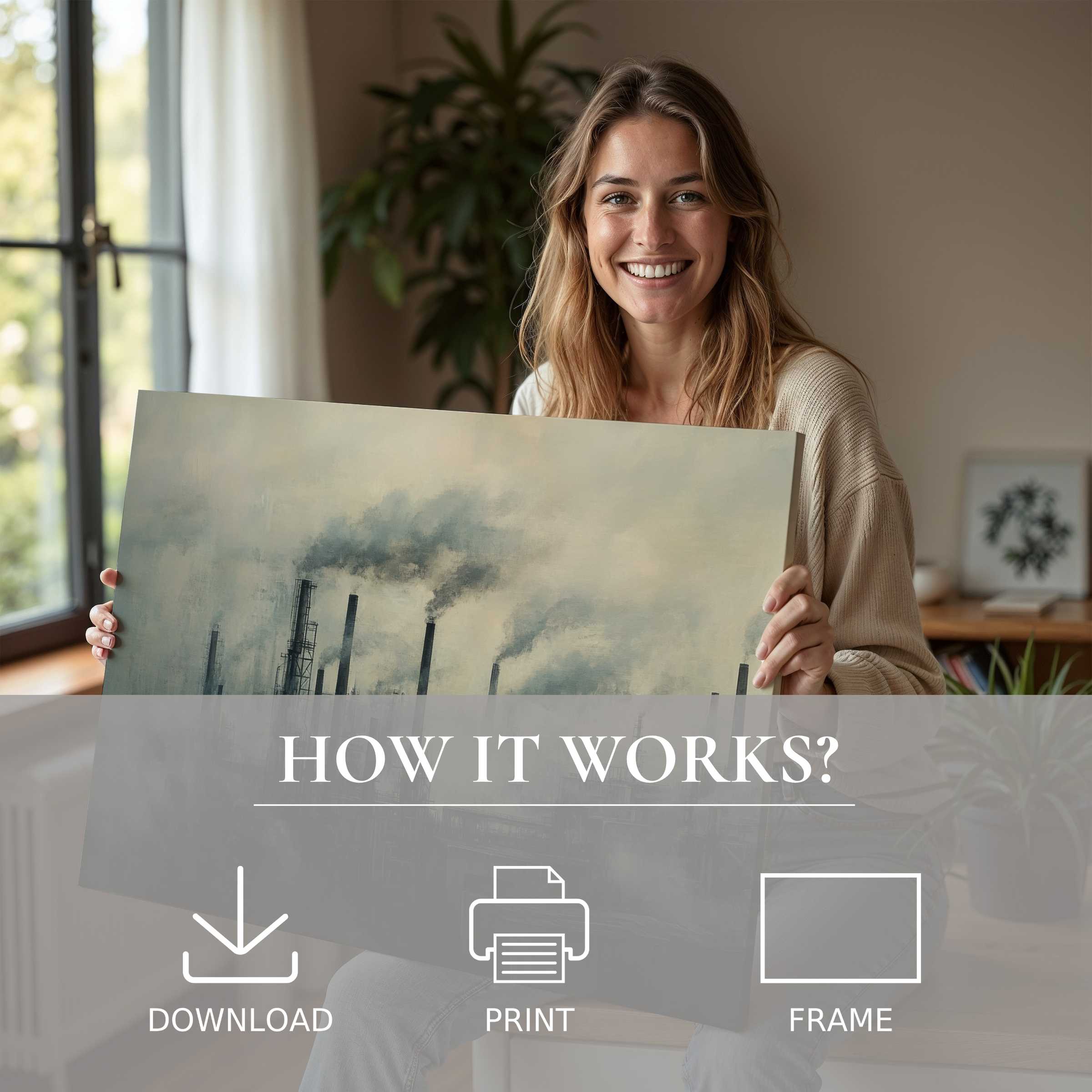 Woman in a stylish home embraces an urban digital art print, capturing a serene moment of joy and effortless elegance