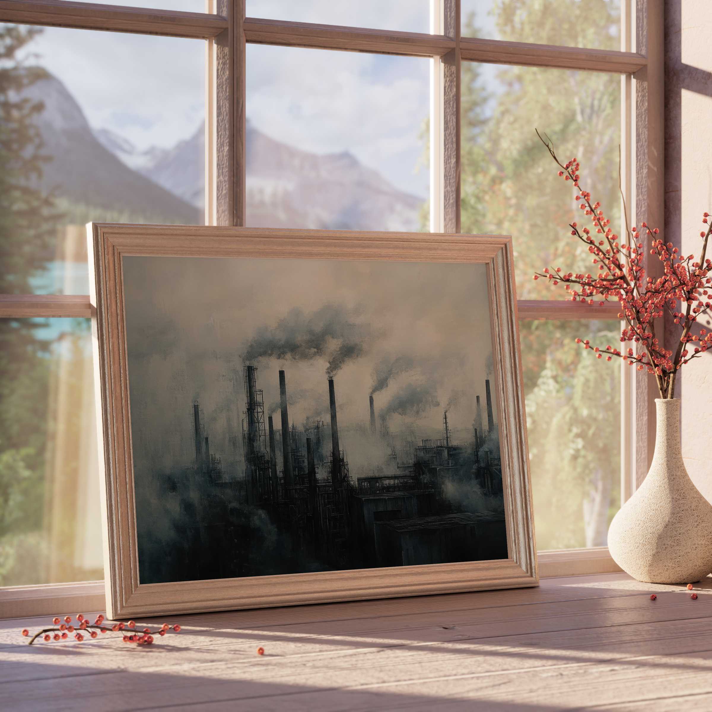 Urban downloadable art captures an industrial skyline shrouded in mist, evoking moody sophistication for curated modern interiors