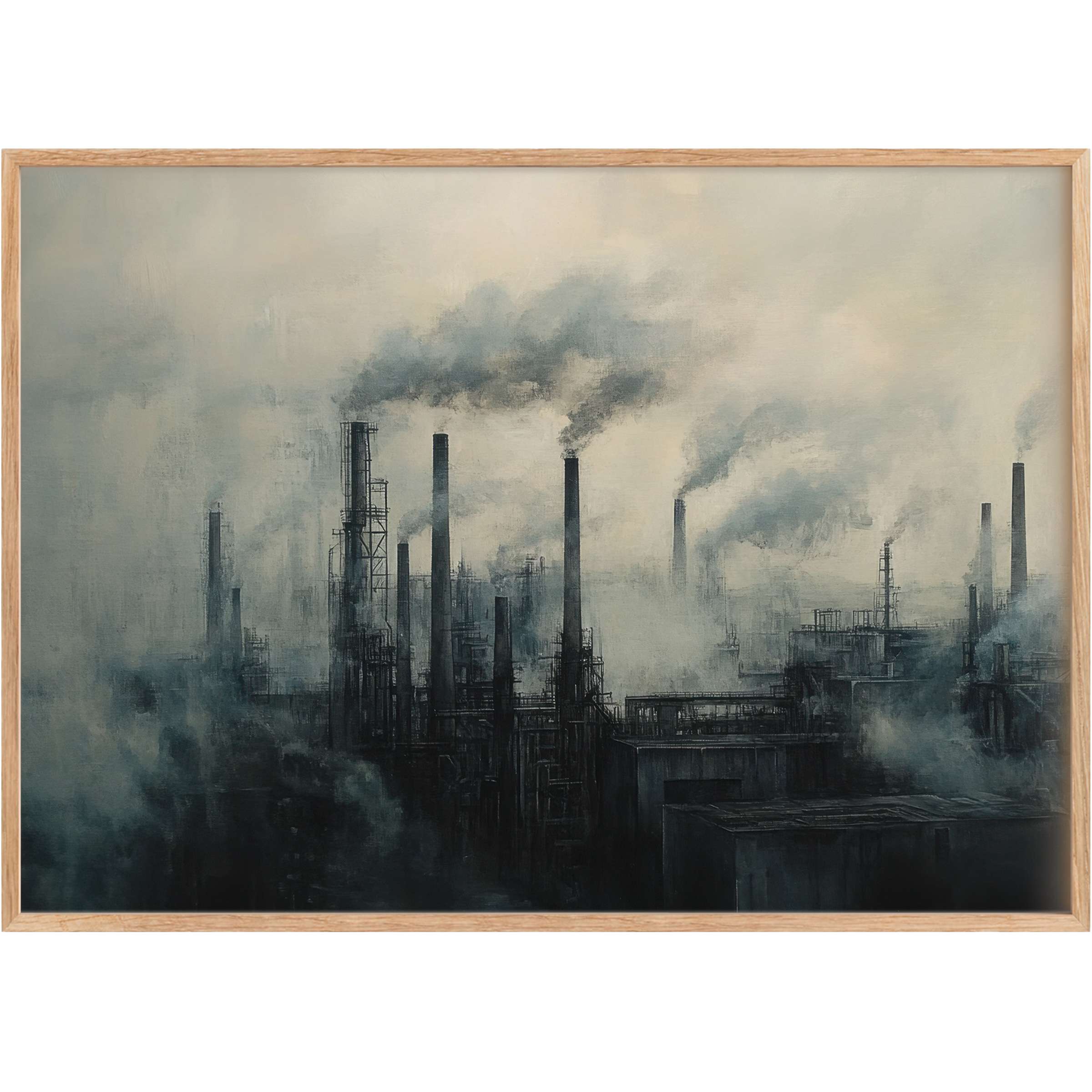 Urban printable wall art captures a moody industrial skyline in smoky grays and deep blacks, evoking a bold, contemplative atmosphere that elevates sophisticated interiors