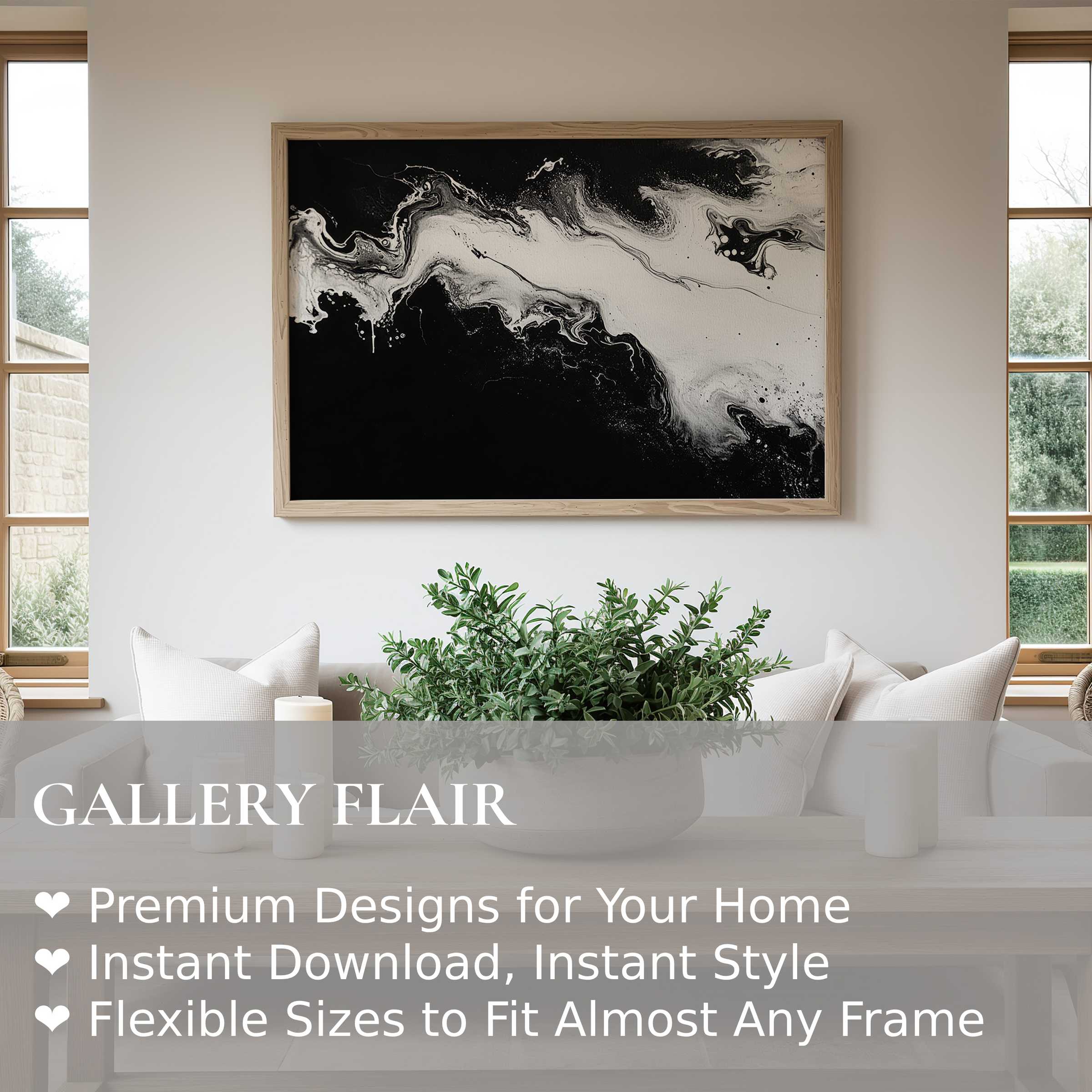 Bold black and white wall art print with fluid abstract swirls, enhancing modern minimalist interiors with striking contrast and dynamic elegance