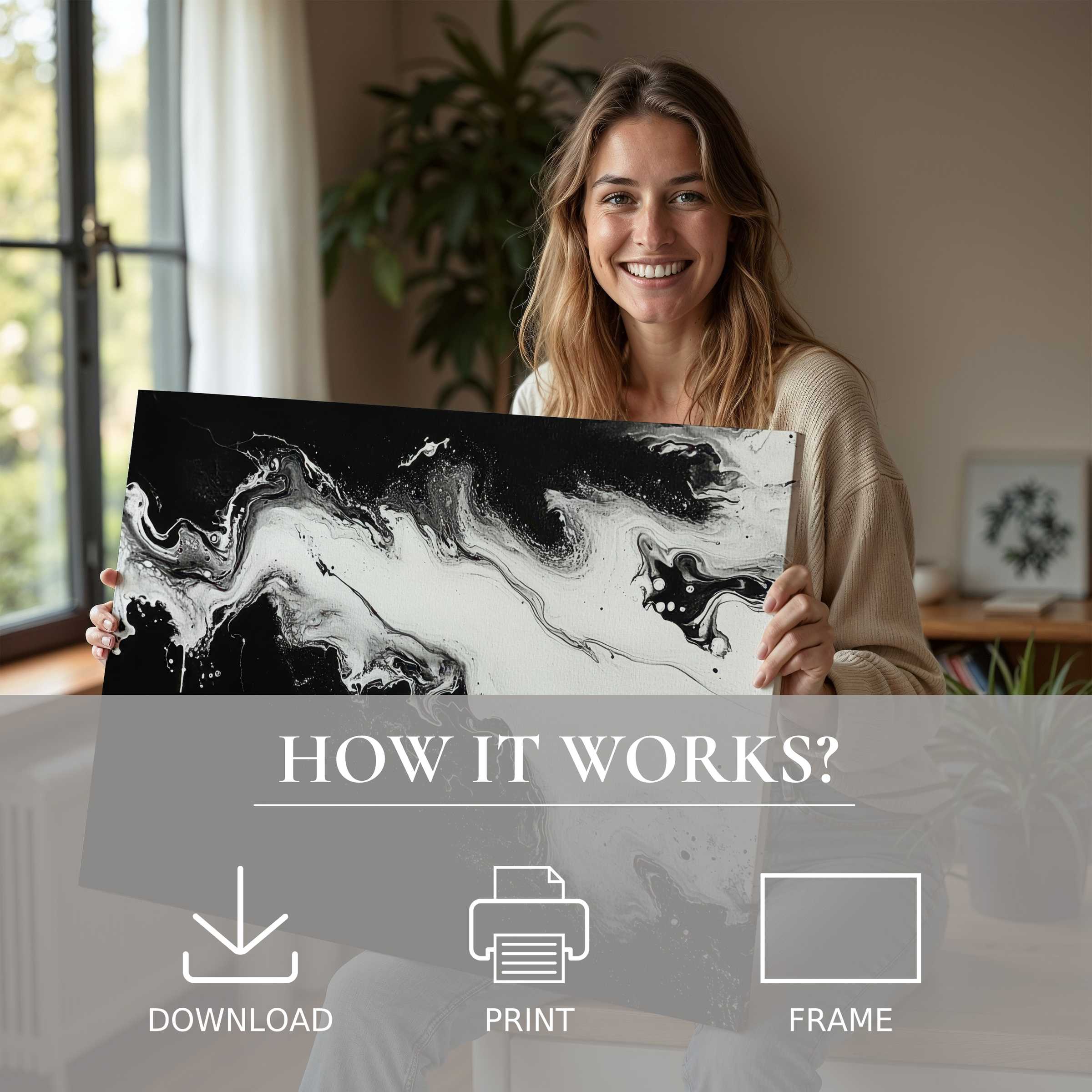 Woman in a modern home radiates joy displaying a black and white digital art print, embodying serene elegance and effortless style