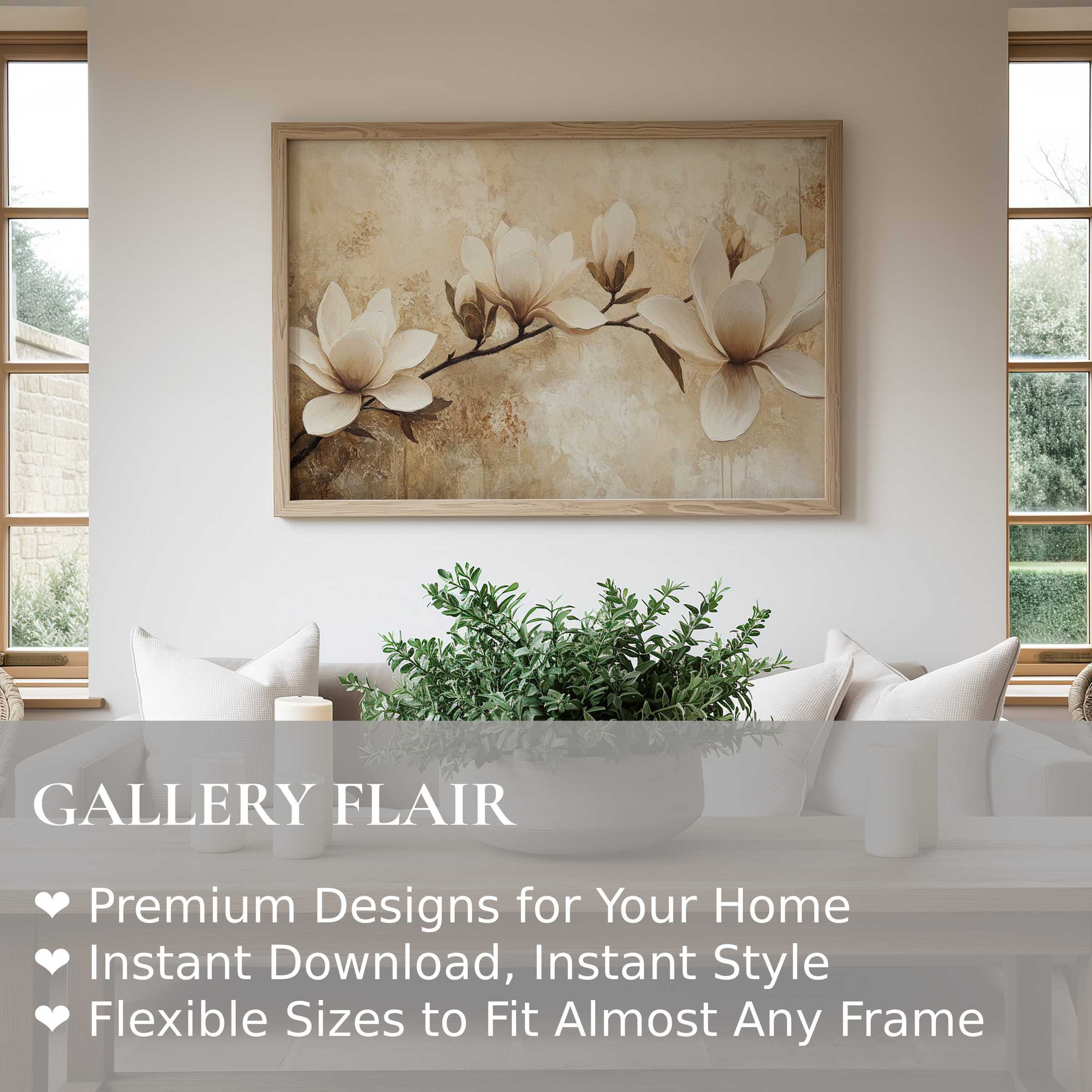 Elegant tree wall art print featuring softly blooming magnolia branch in warm neutrals, enhancing serene modern living spaces with botanical charm and subtle texture