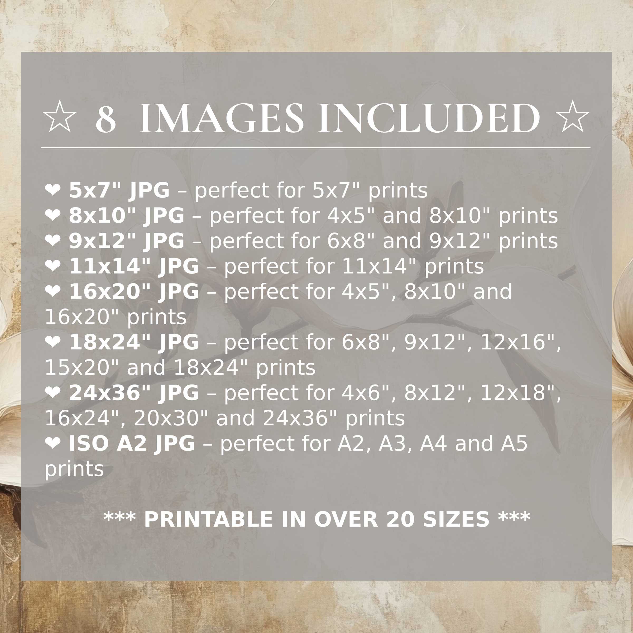 Print size guide showing 8 included JPG formats for versatile wall art printing – perfect for framing in popular sizes from 5x7 to 24x36 and A2