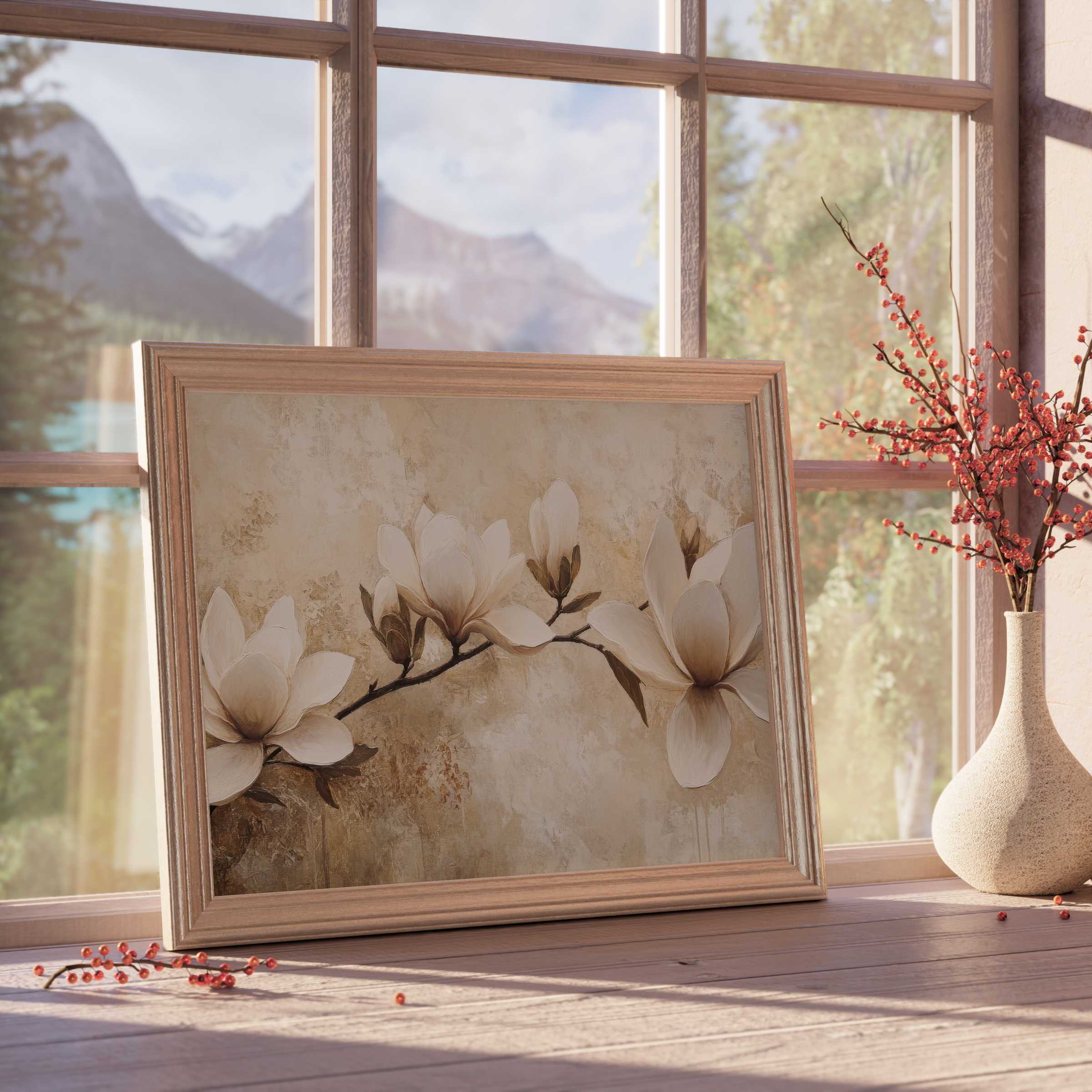 Elegant tree downloadable art of magnolia blossoms in soft neutrals, infusing curated interiors with calm, natural warmth and timeless beauty