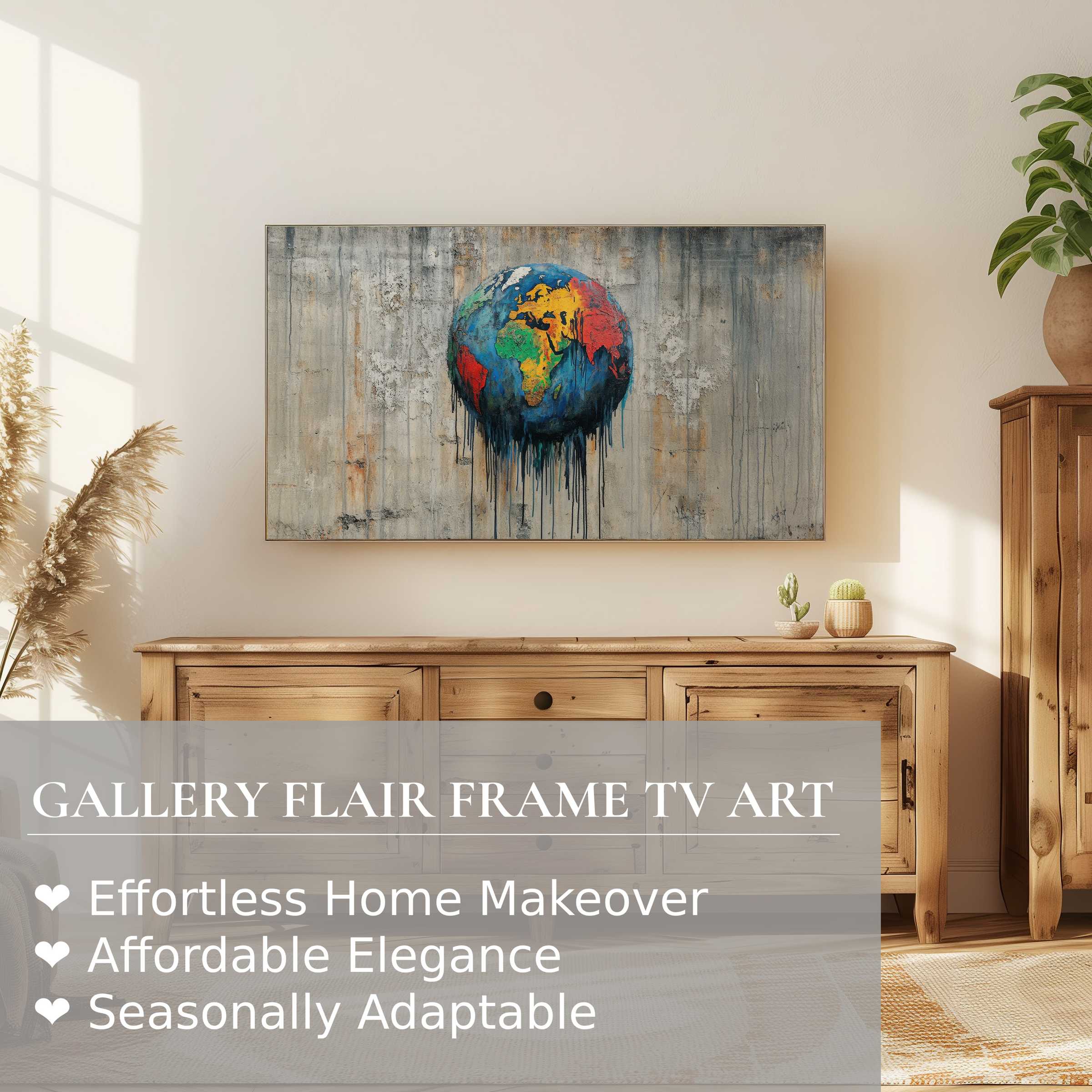 Samsung Frame TV displays vibrant street art digital artwork in a modern, warm, and elegant living space
