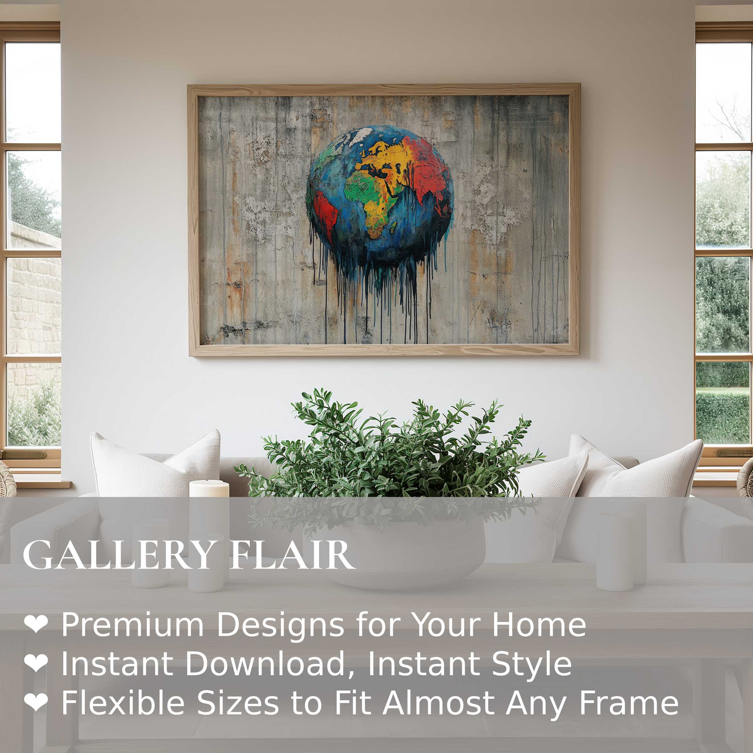 Bold street art wall art print featuring a vibrant, dripping globe on textured gray, enhancing modern minimalist interiors with urban edge