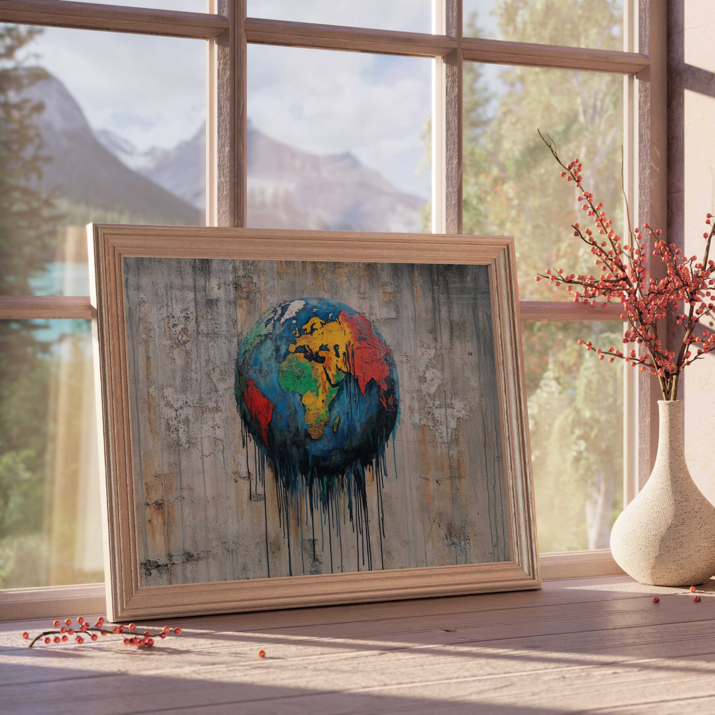 Vibrant street art downloadable art of a dripping globe, infusing modern interiors with bold, curated elegance and worldly charm