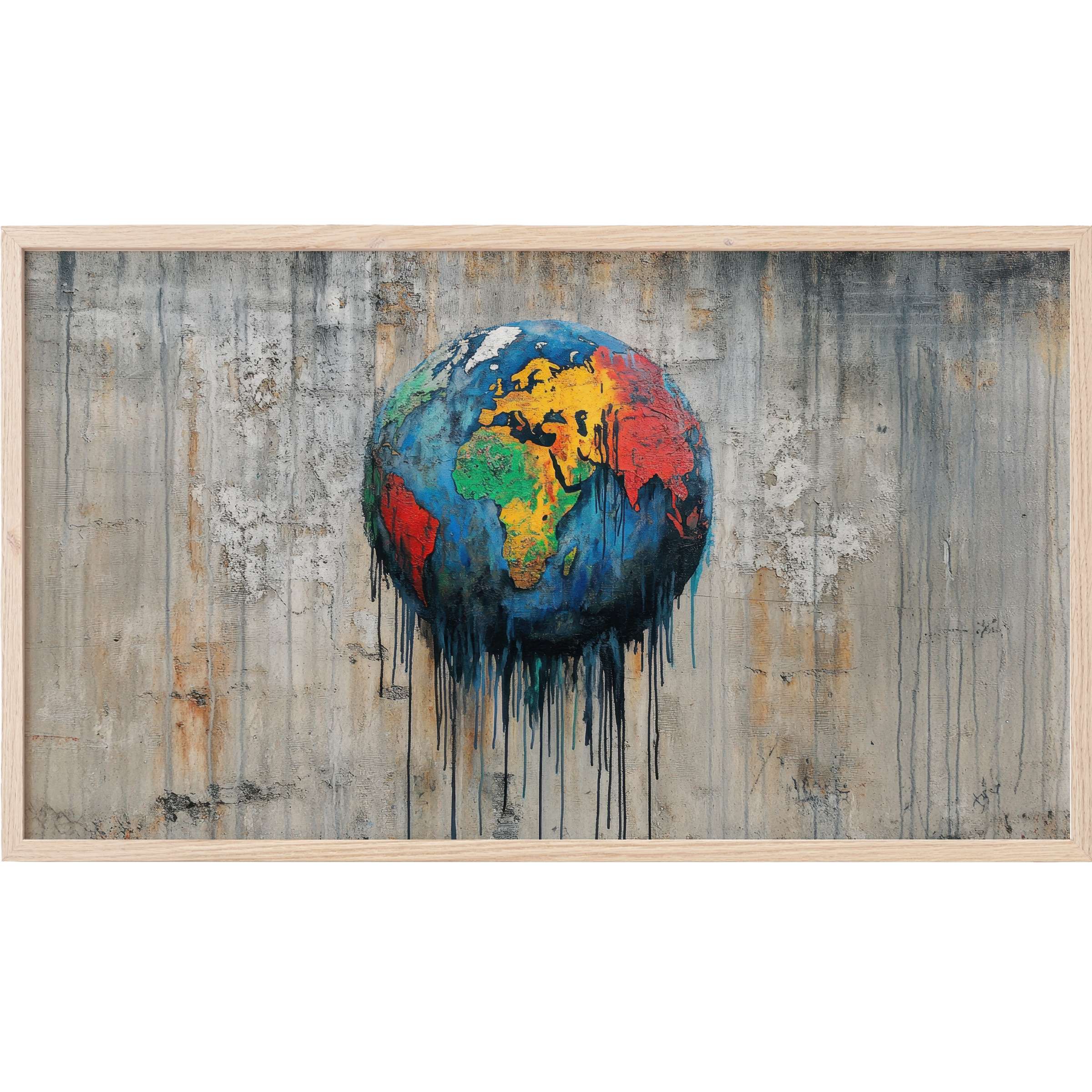 Vibrant world map with dripping paint on textured gray wall, blending urban grit and color in street art Frame TV Art
