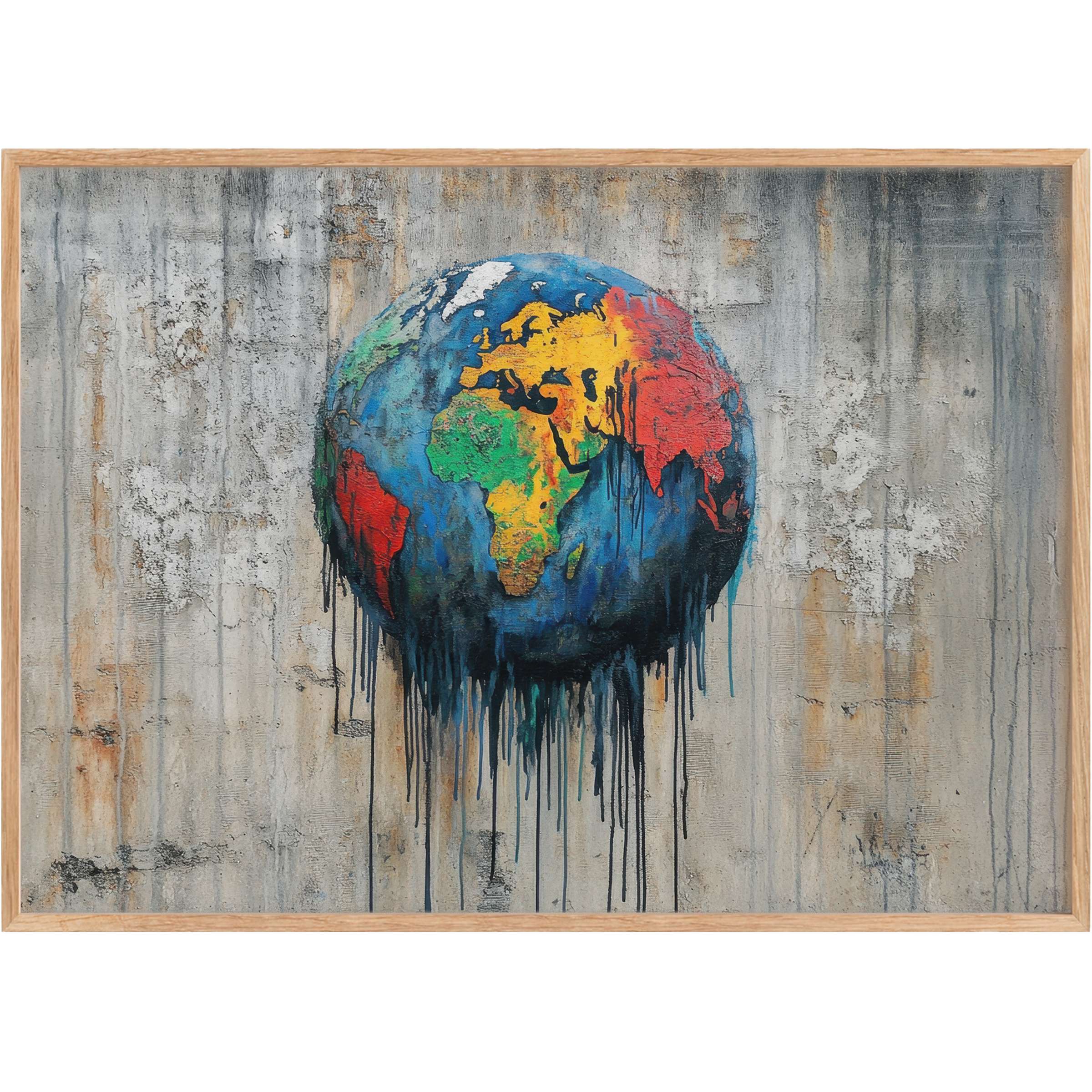 Vibrant street art printable wall art featuring a dripping globe in bold blues, reds, and yellows, evoking a raw, contemplative urban energy