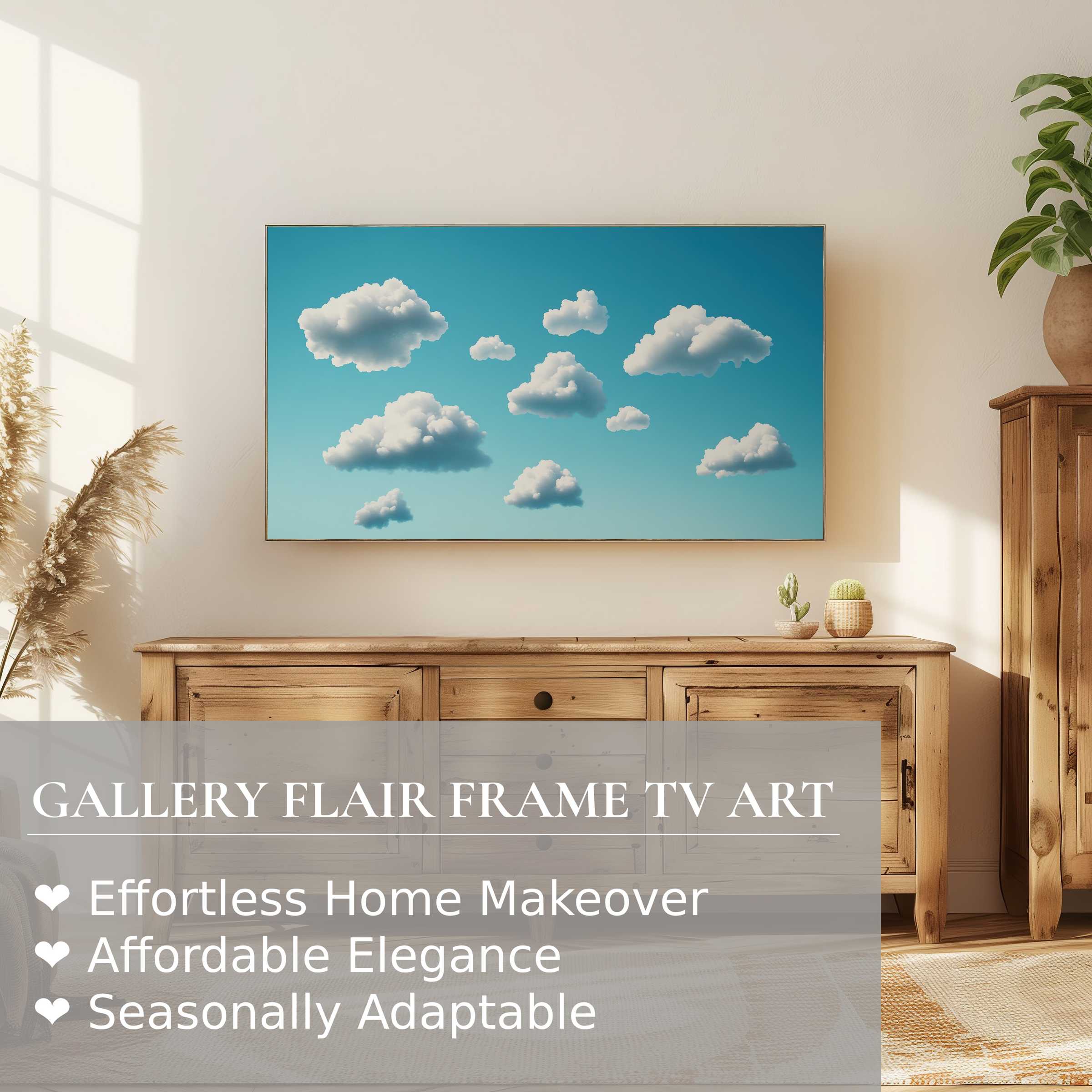 Samsung Frame TV displays minimalist digital artwork of soft clouds in a serene modern living space with natural wood tones