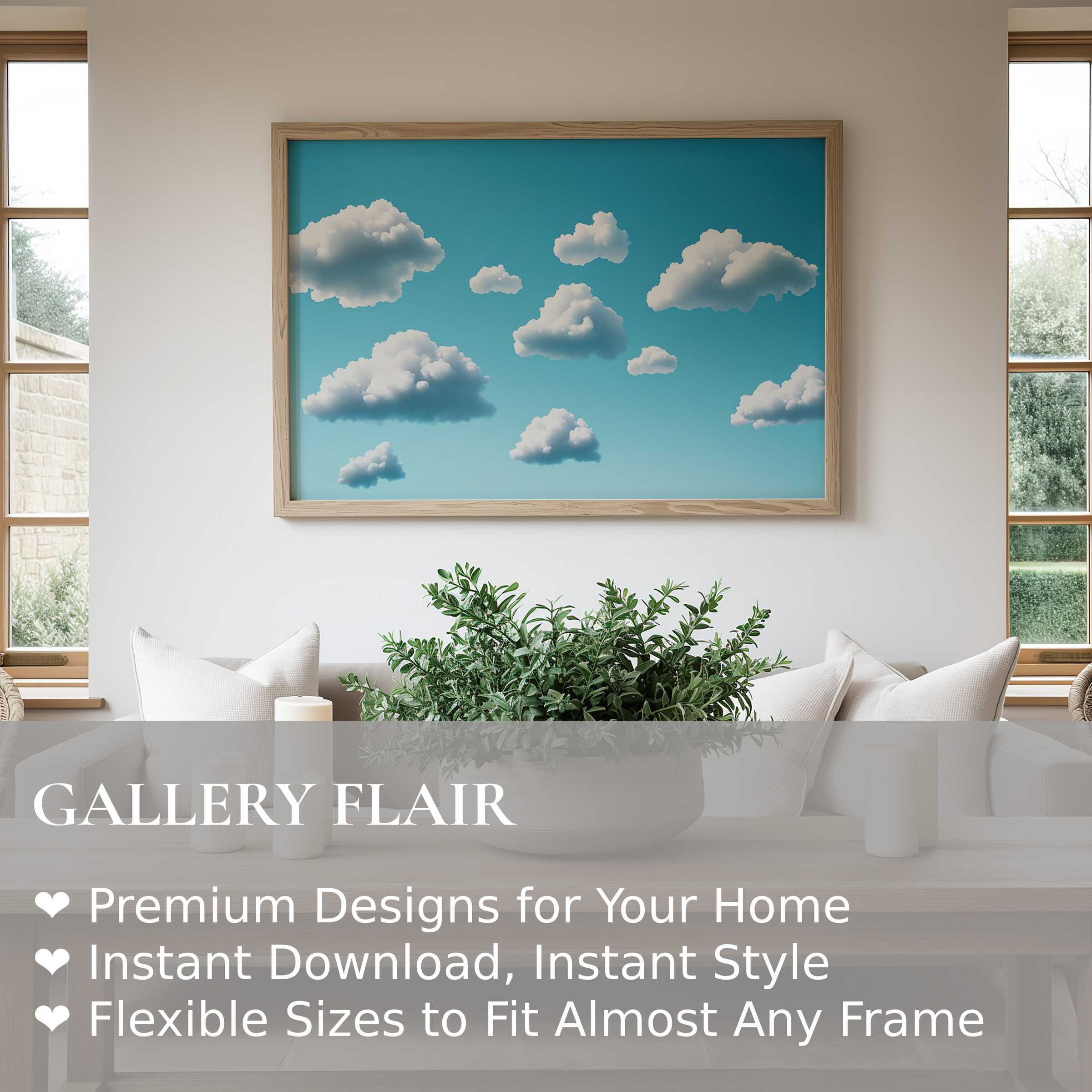 Minimalist wall art print featuring soft, fluffy clouds on a serene blue sky, enhancing a bright, modern living space with calming, airy elegance