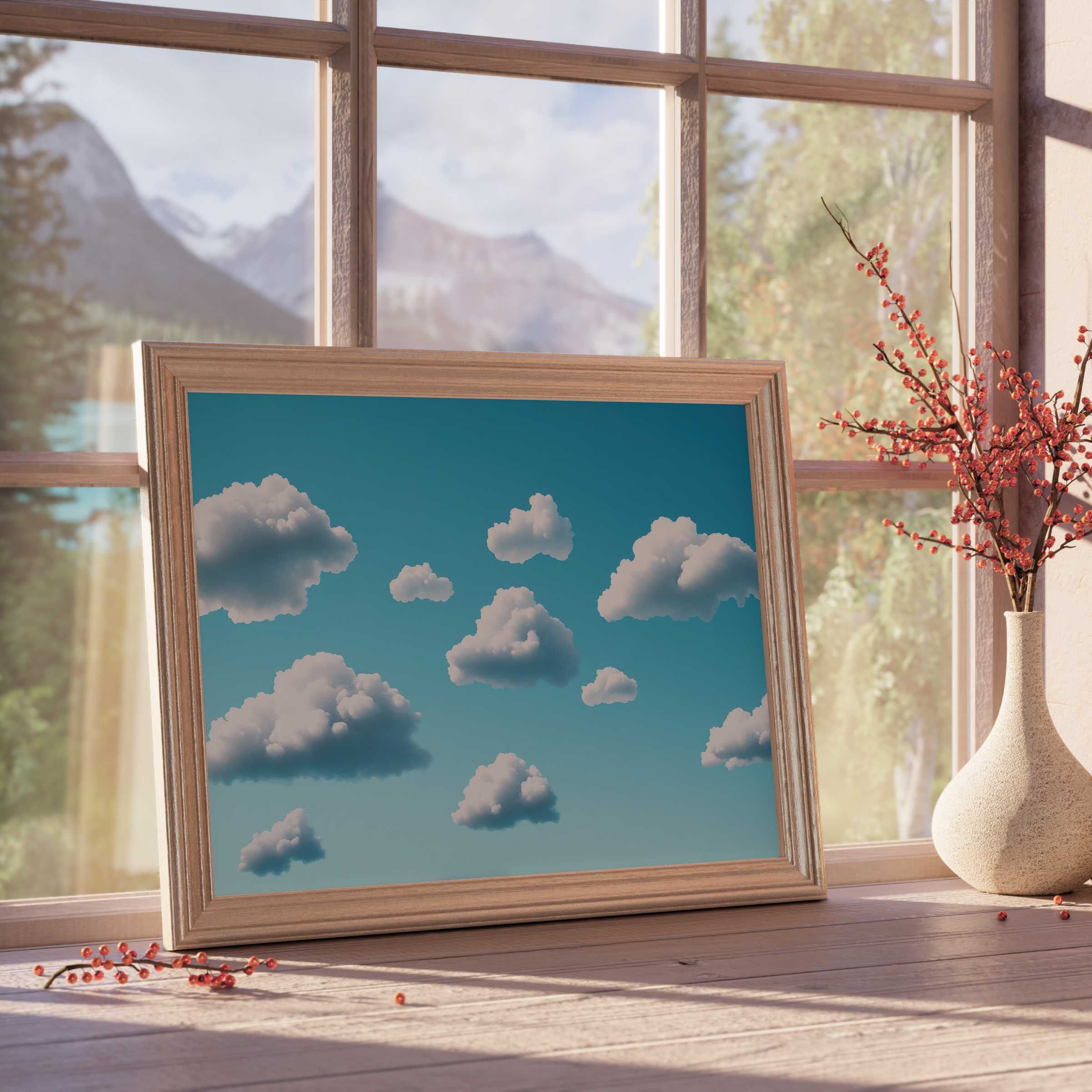 Minimalist downloadable art featuring soft, airy clouds in serene blue skies, perfect for calming, curated modern interiors