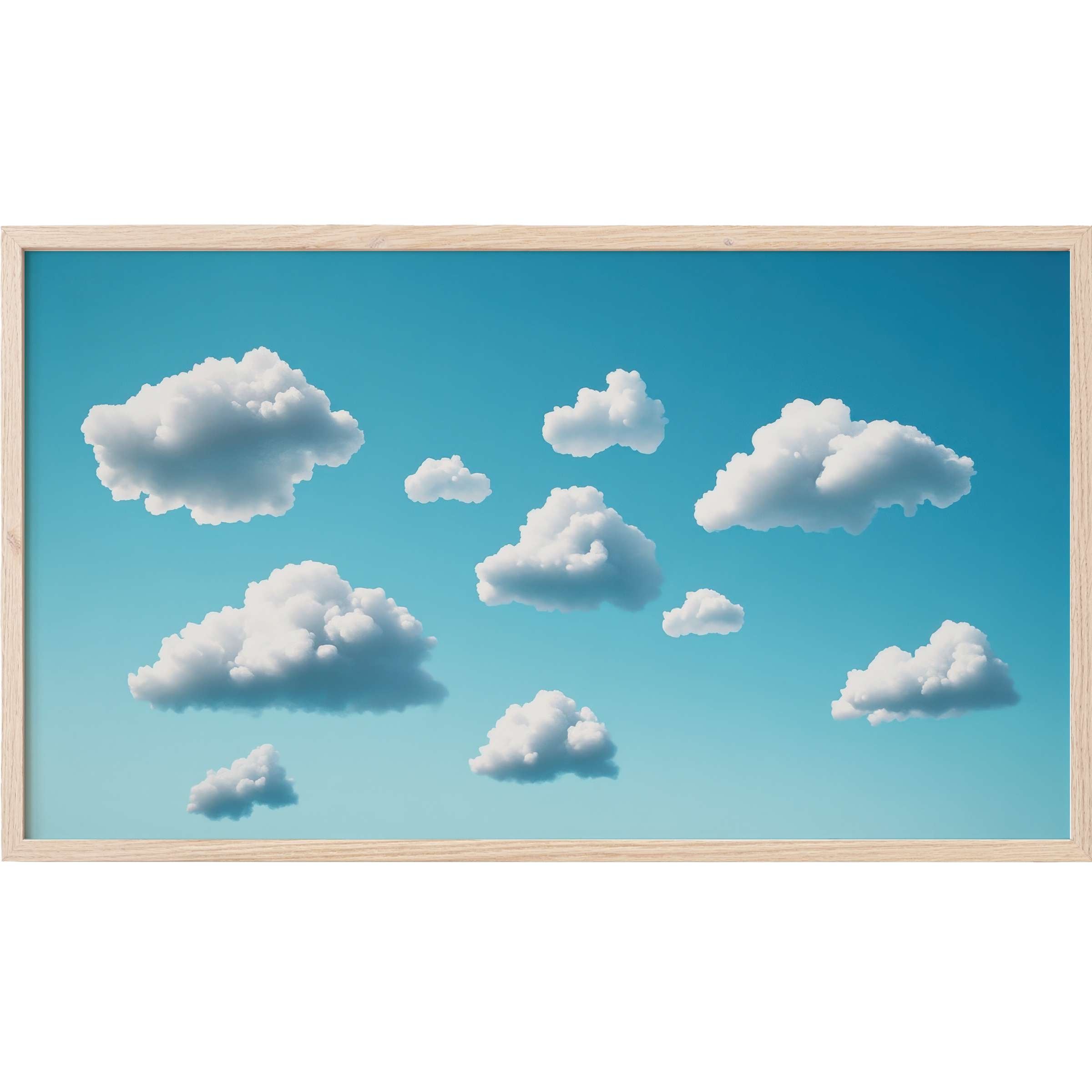 Minimalist Frame TV Art featuring soft, fluffy white clouds against a serene aqua blue sky in a natural wood frame
