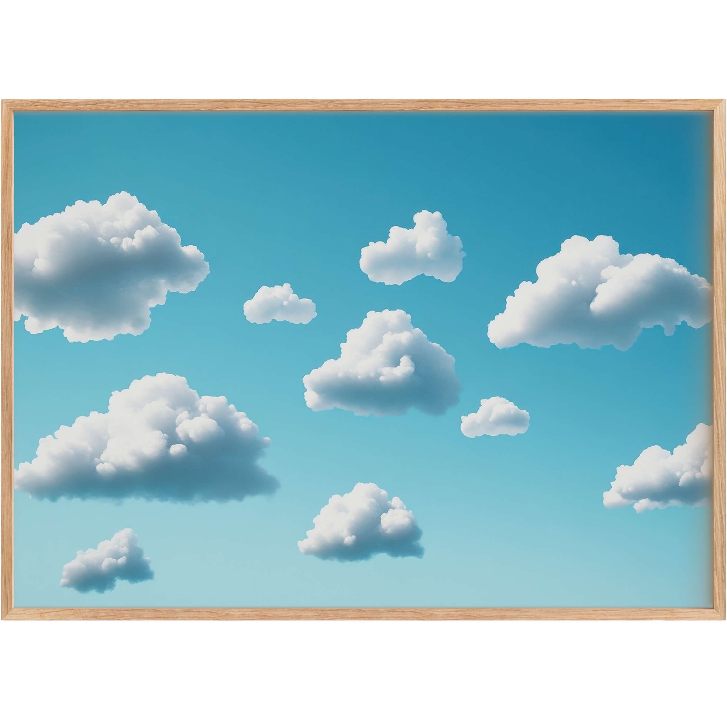 Minimalist printable wall art featuring soft white clouds on a serene blue sky, evoking calm and airy tranquility