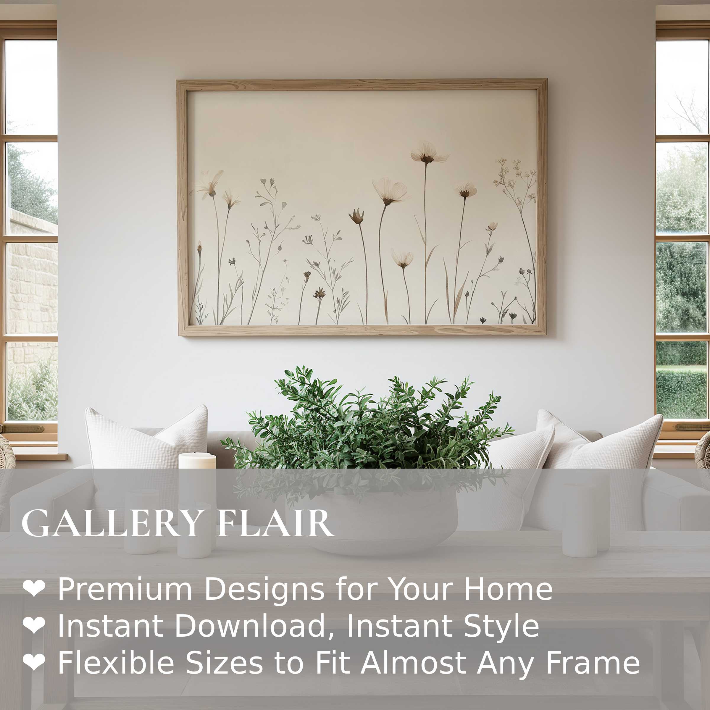 Serene floral wall art print in soft neutrals brightens a minimalist living room with calming, nature-inspired elegance and modern charm