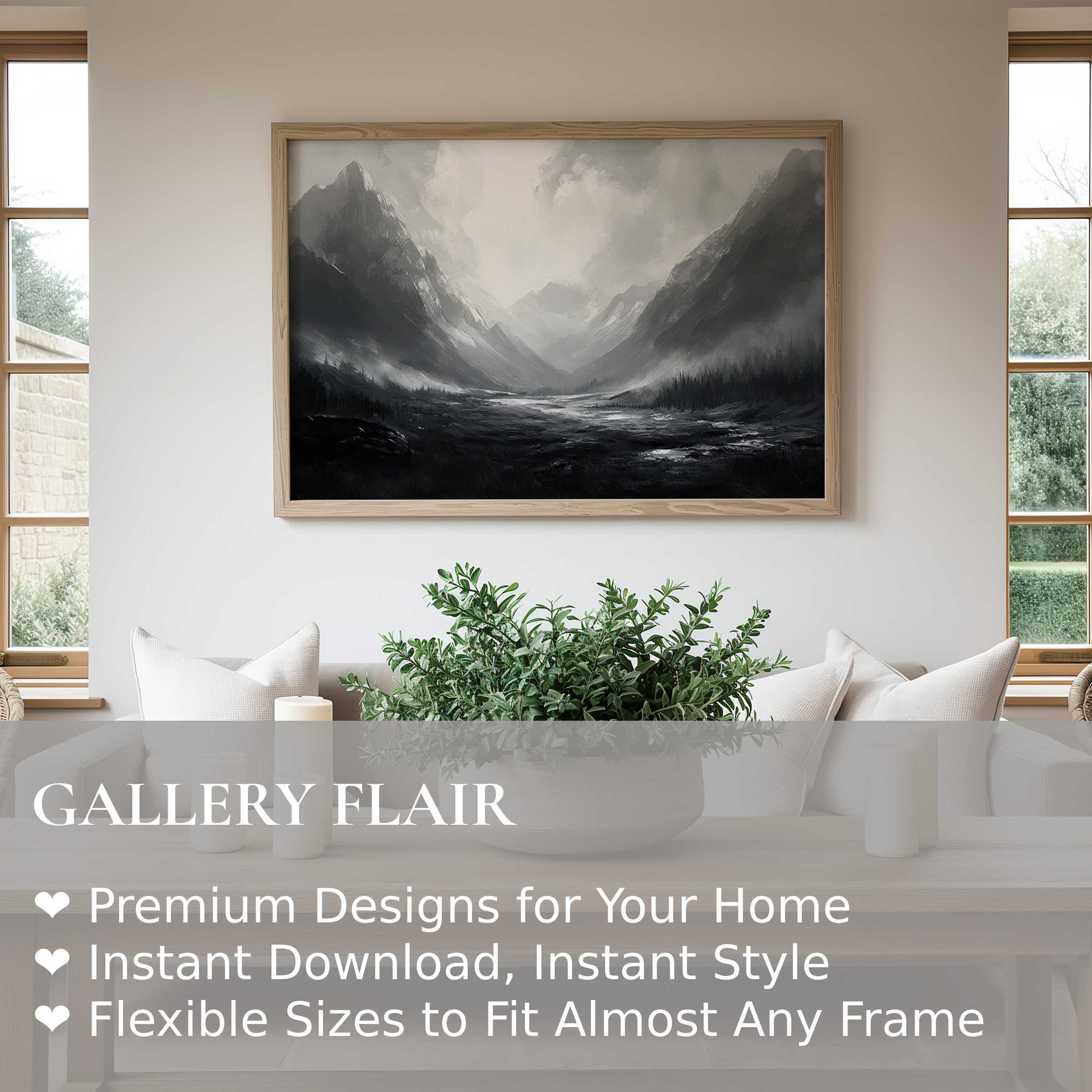 Moody neutral wall art print featuring a serene monochrome mountain landscape, evoking calm and depth in minimalist modern interiors