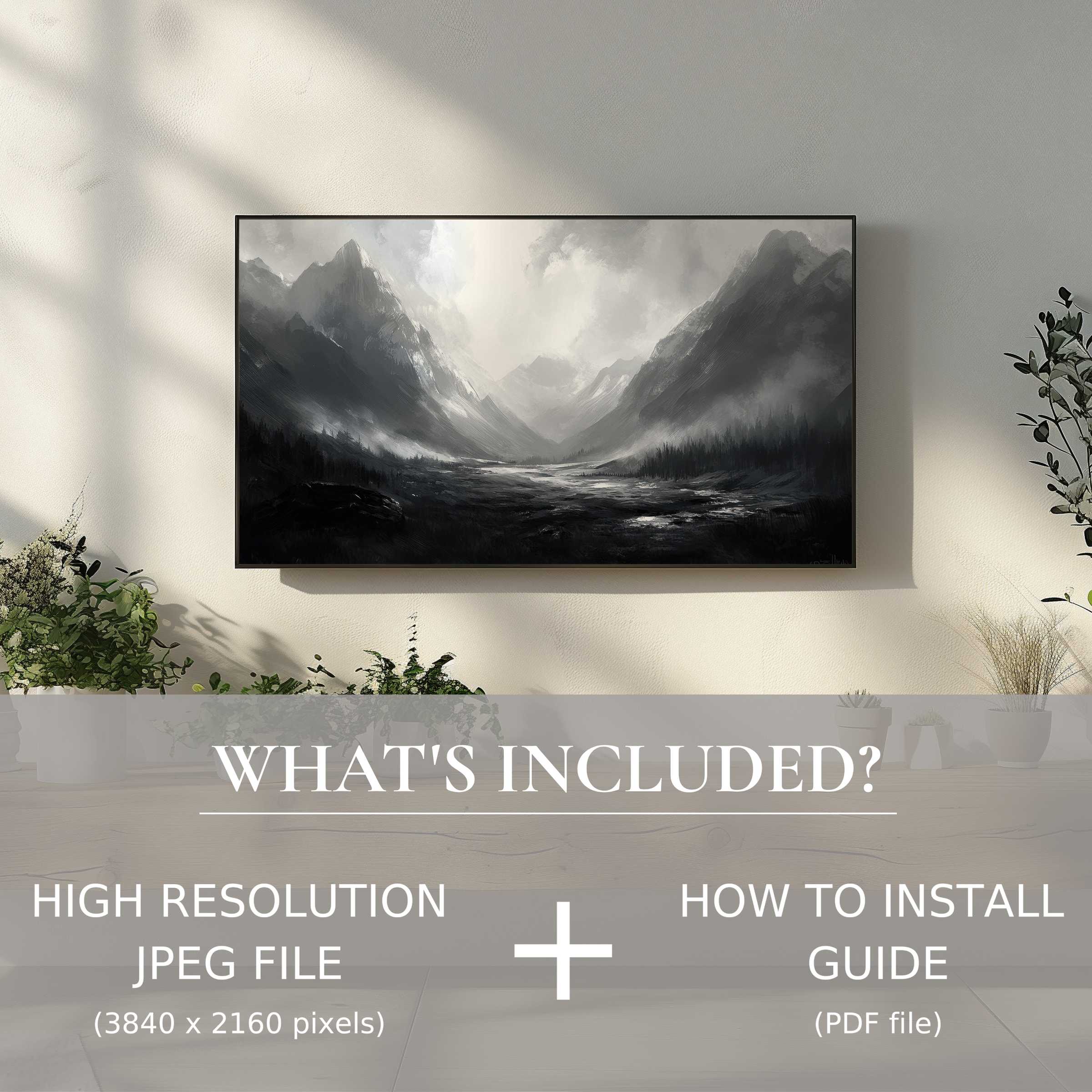 Elegant neutral digital TV art download of misty mountain landscape, easy to use, elevates modern living spaces