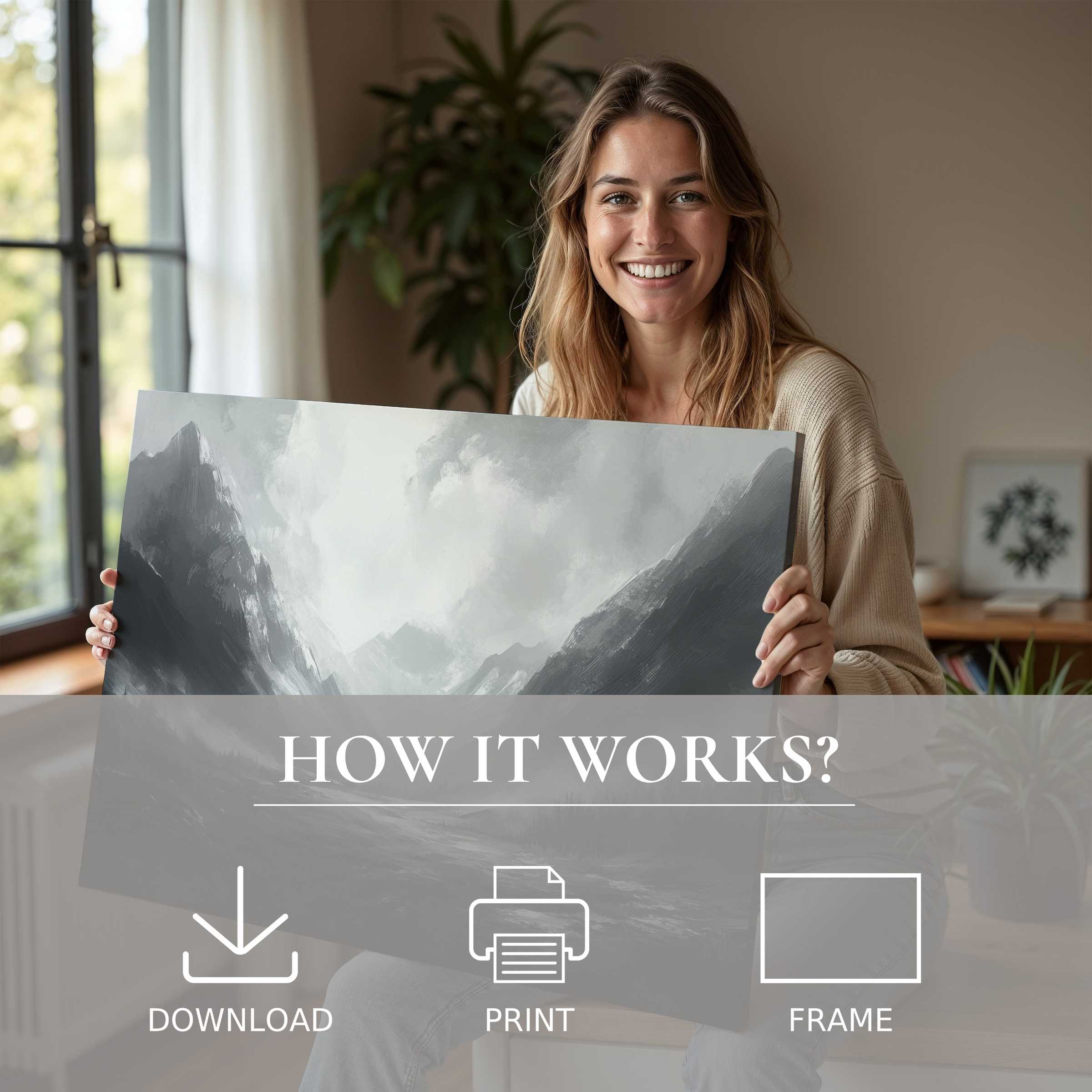 Joyful moment in a modern home as neutral digital art print brings serene elegance and effortless style to living spaces