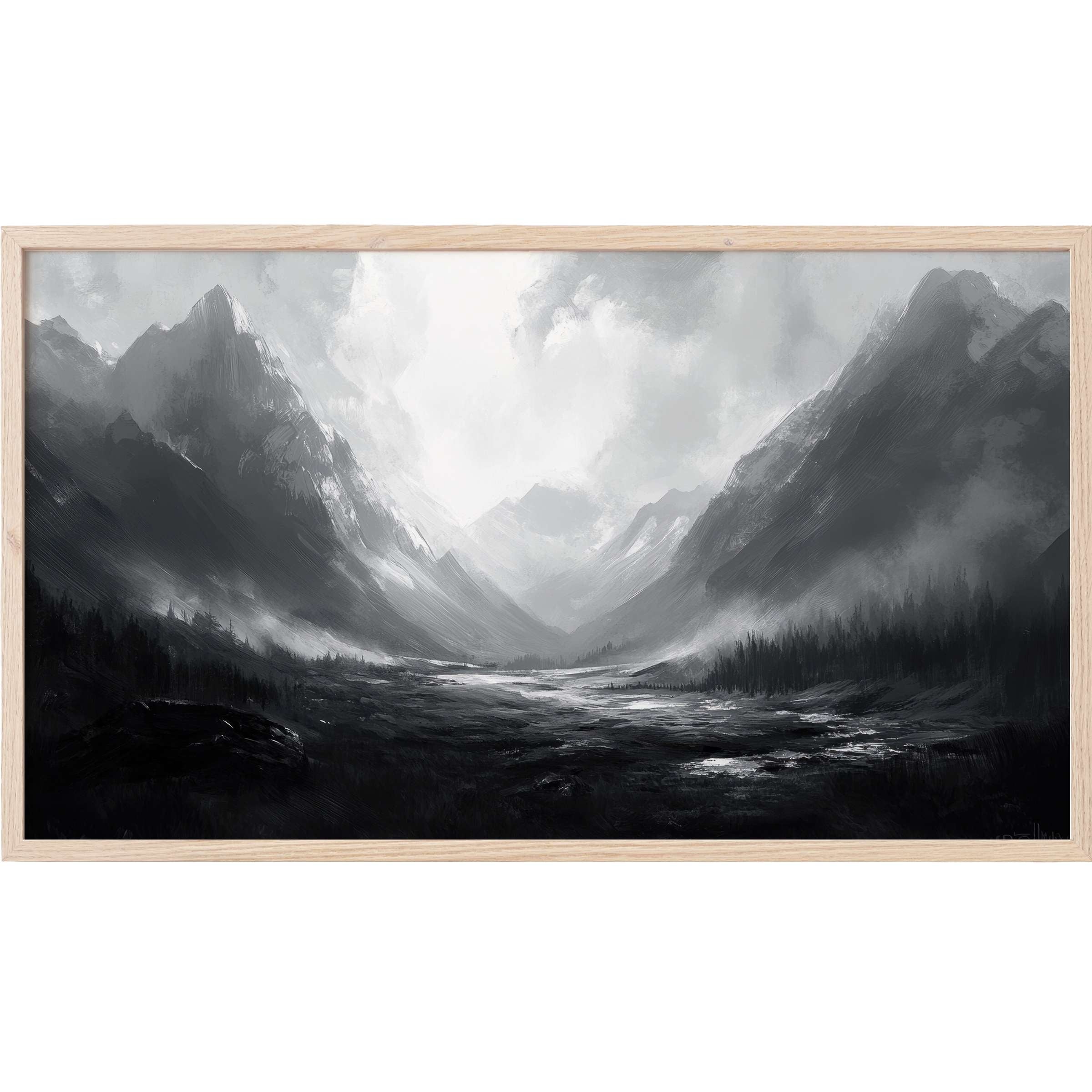 Monochrome mountain valley in mist with soft light, rendered in neutral Frame TV Art for sleek modern decor