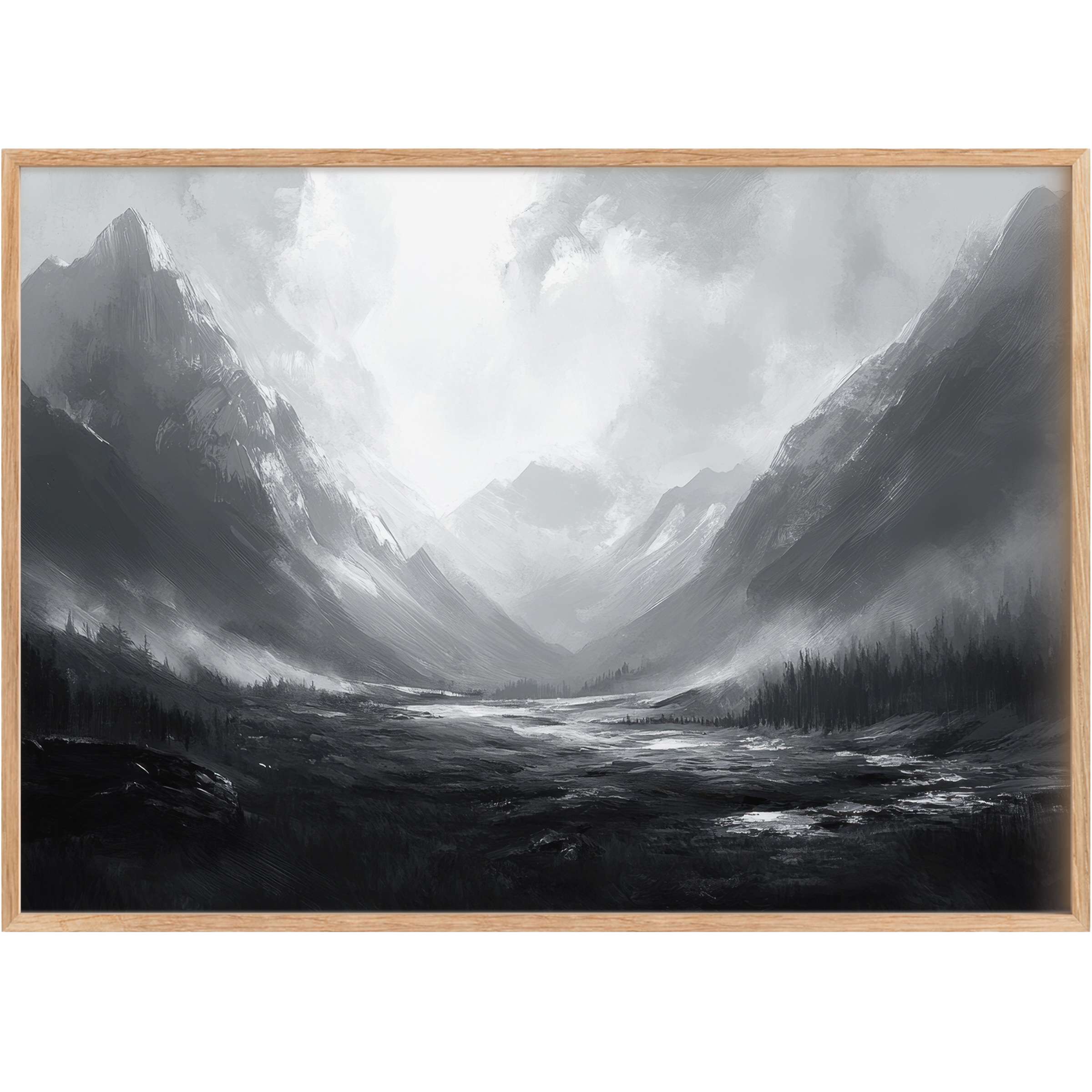 Evoke serene sophistication with this neutral printable wall art, where misty gray mountains and soft light inspire calm, timeless elegance