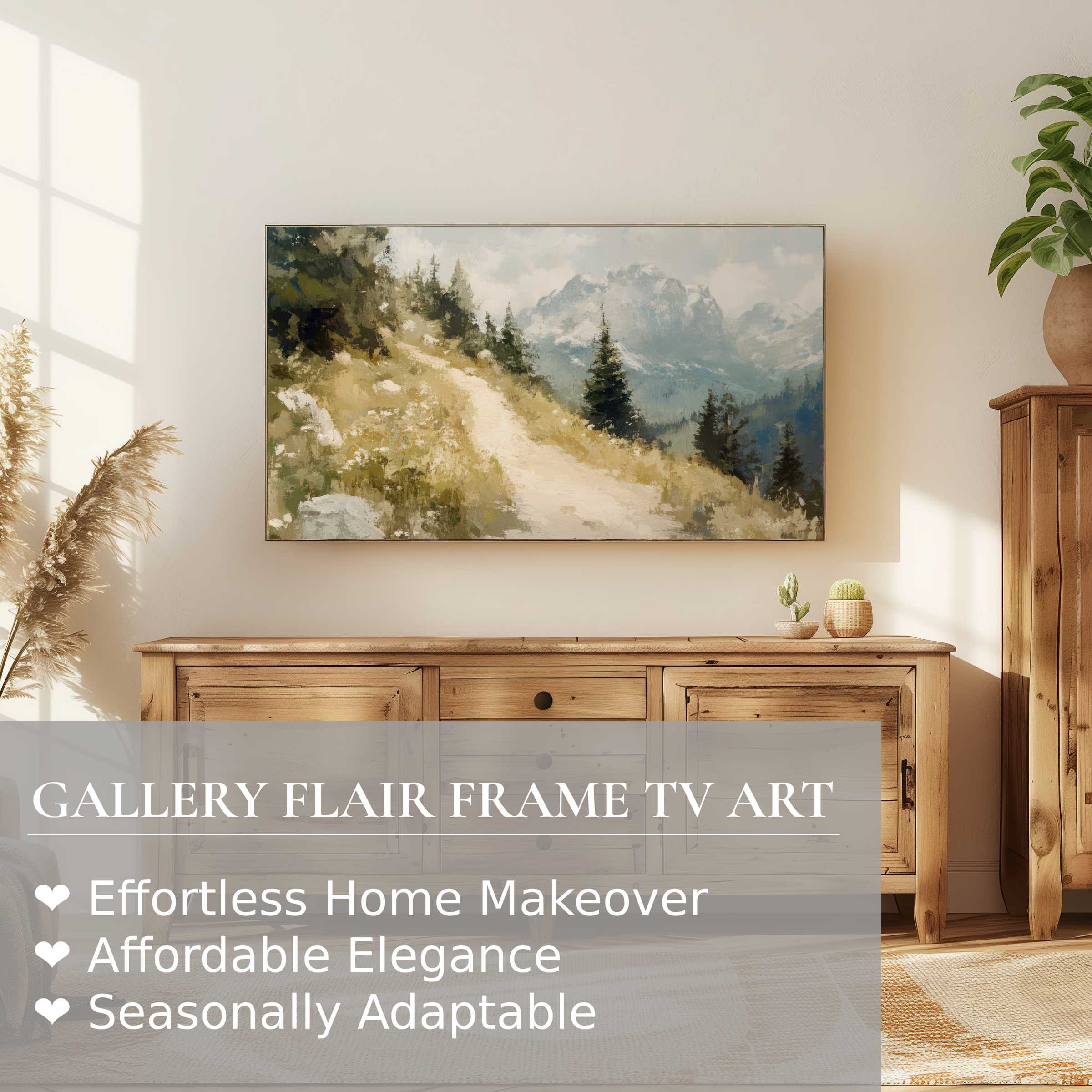 Samsung Frame TV displaying refined summer digital artwork of a serene mountain path in a modern, elegant setting