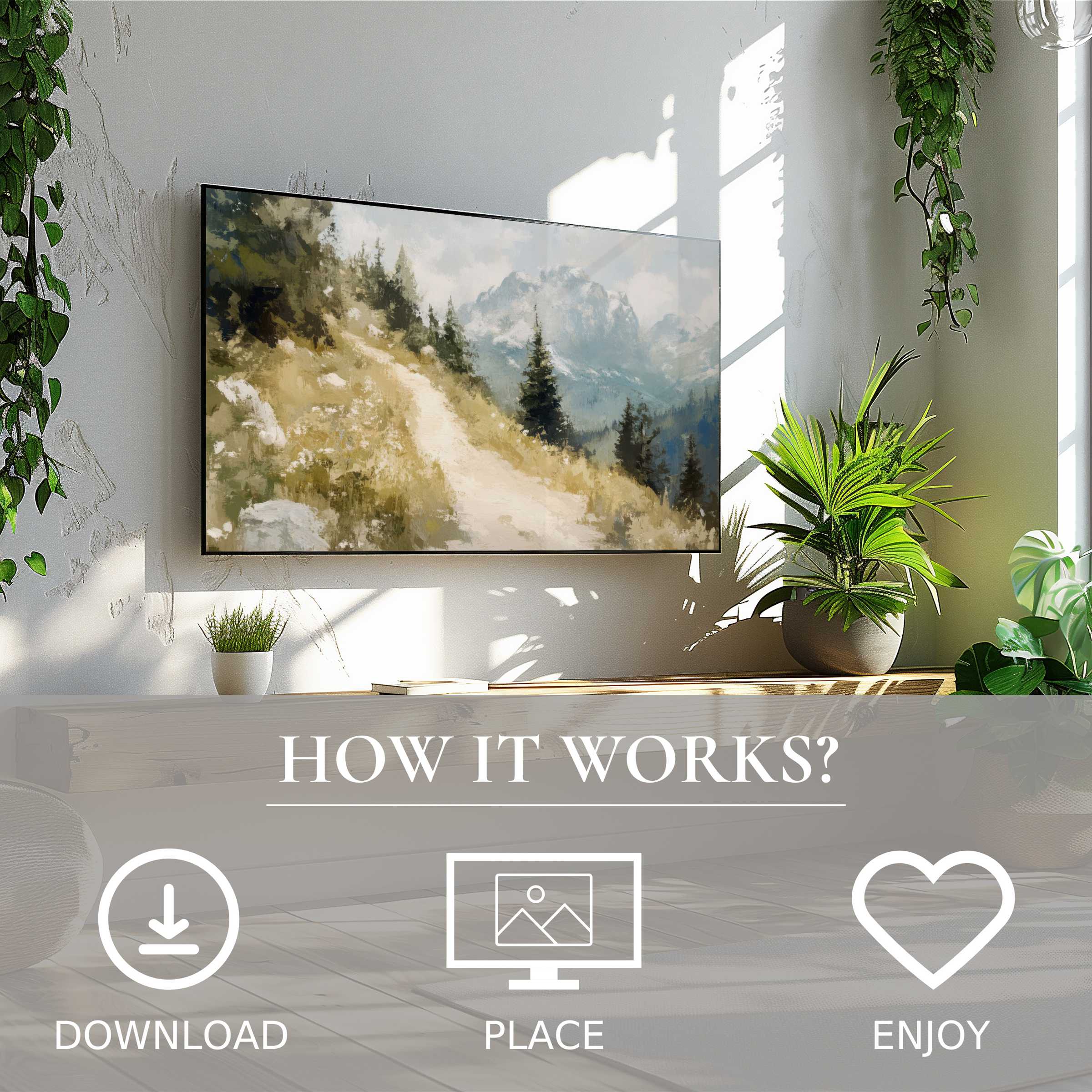 Summer art for Samsung TV shows a soft mountain path in warm tones; easy digital download to enrich your space