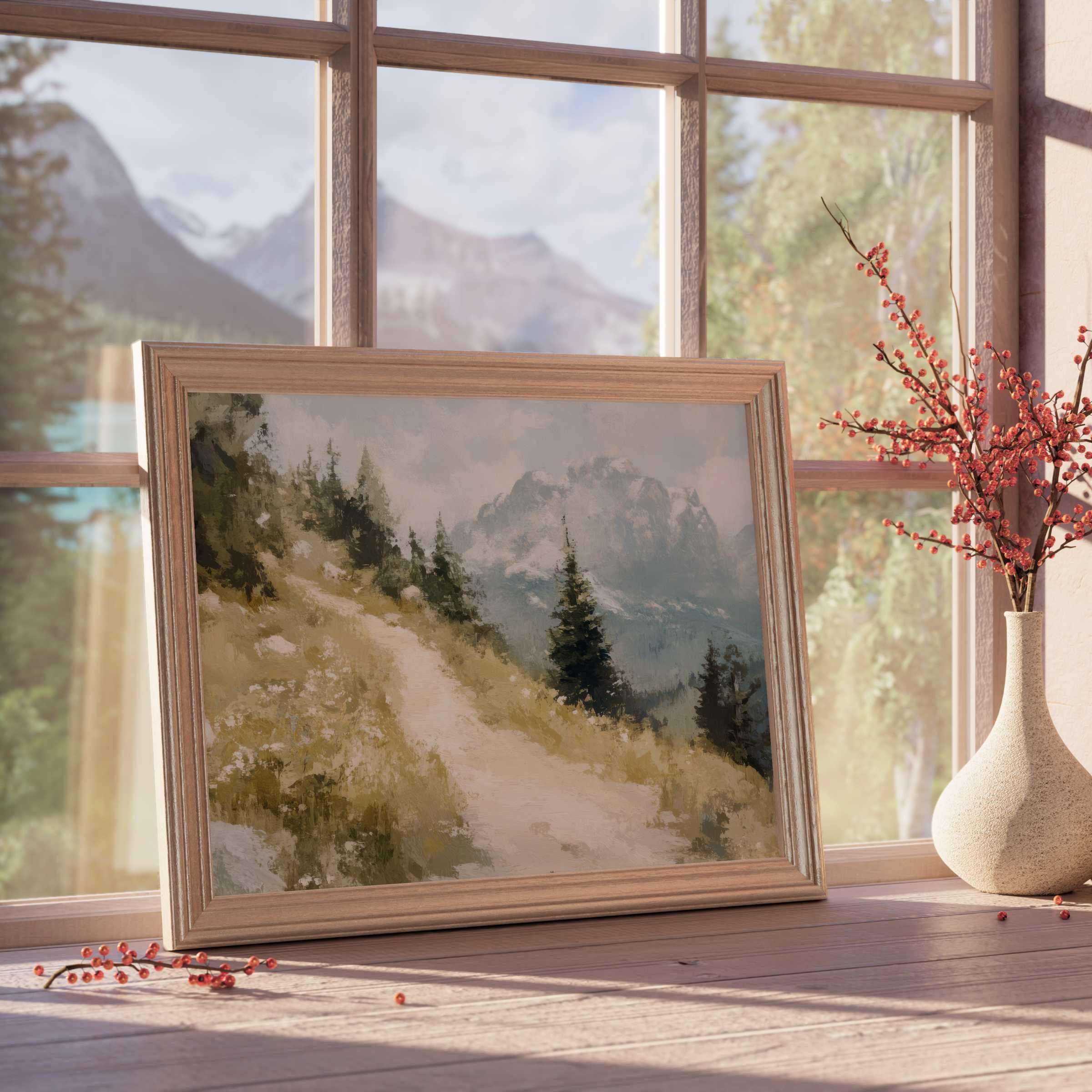 Summer downloadable art capturing serene mountain trails in muted earth tones, perfect for tranquil, curated interiors