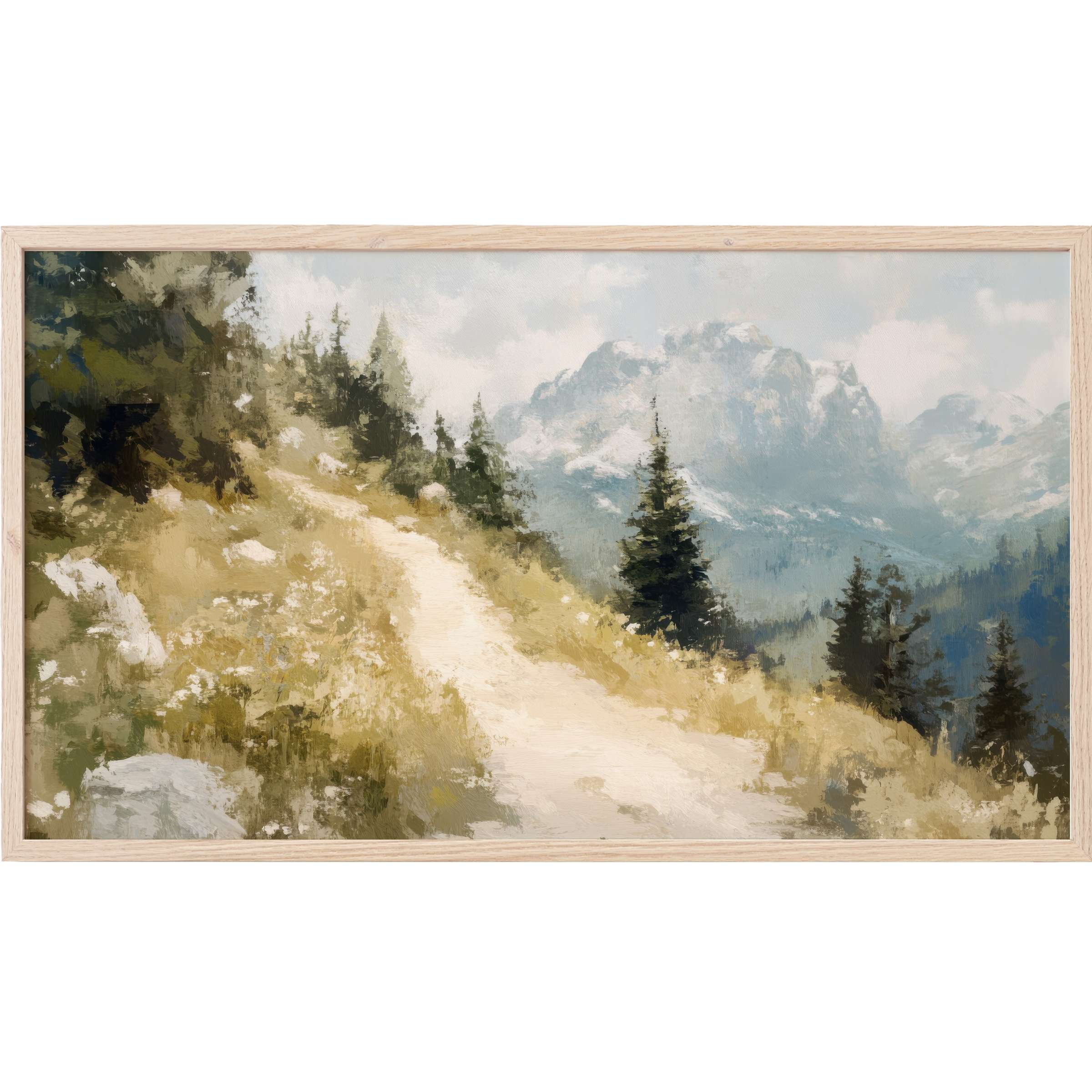 Serene mountain path with soft greens and blues in an impressionist style, perfect summer Frame TV Art