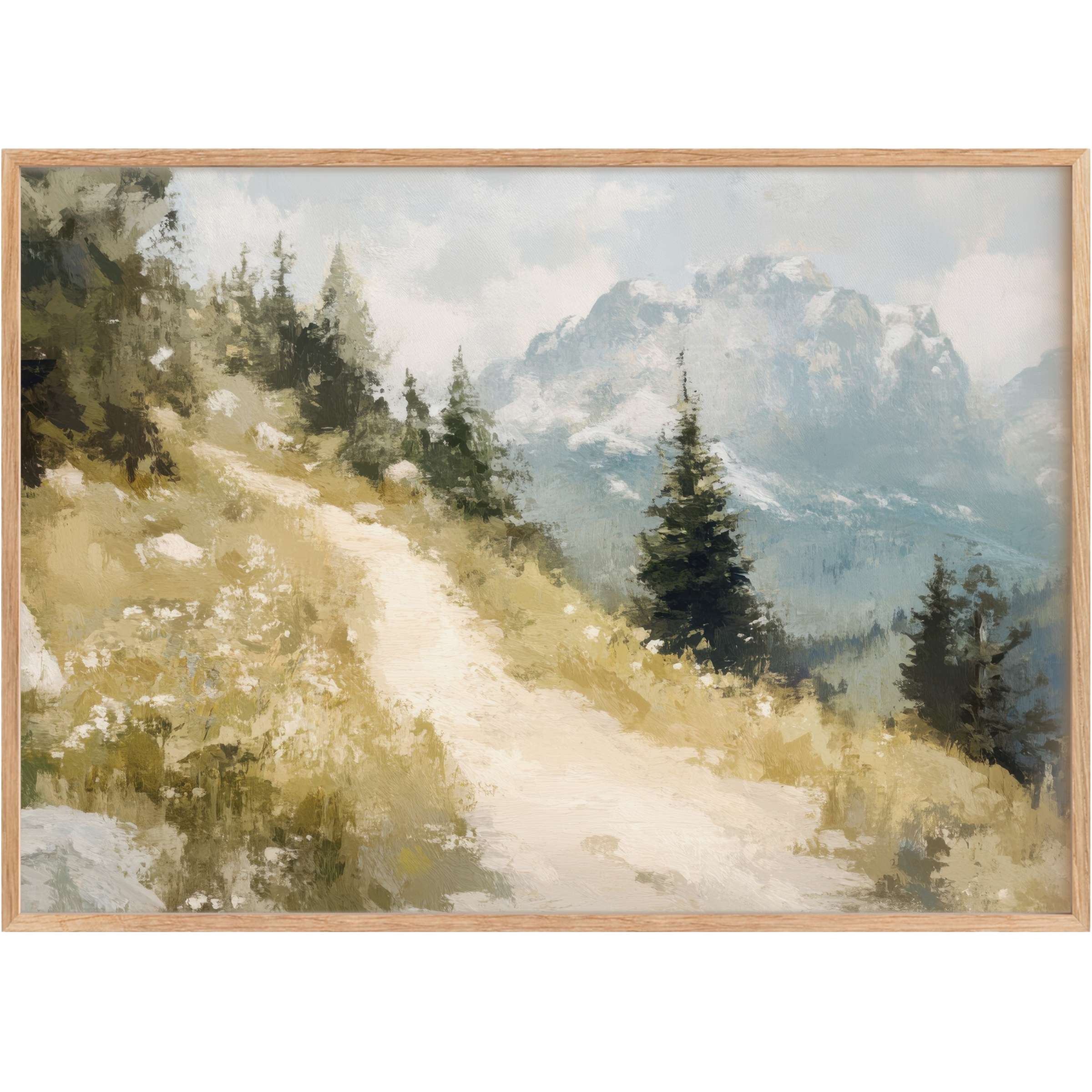 Summer printable wall art capturing a serene mountain trail in soft golds and blues, evoking calm and timeless elegance