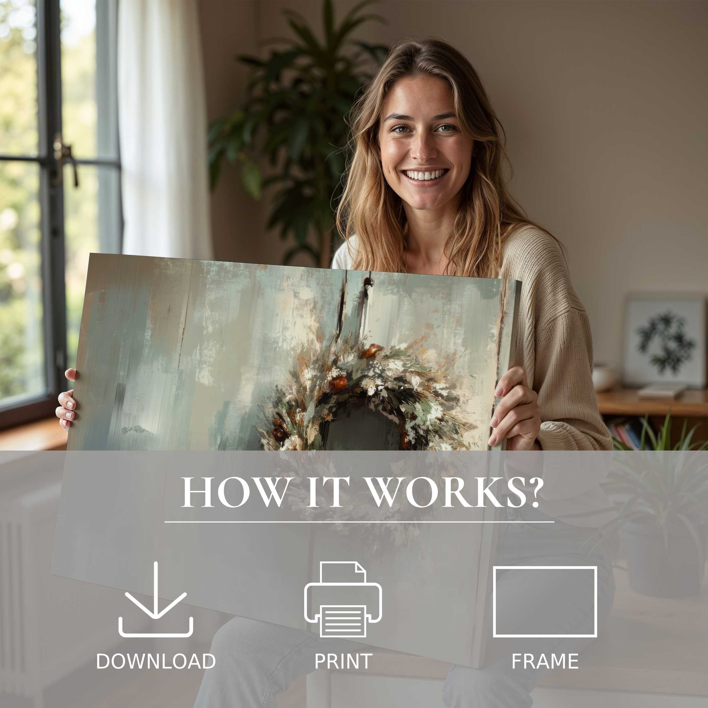 Woman joyfully sharing a farmhouse digital art print in a serene modern home, epitomizing art's warmth and effortless elegance