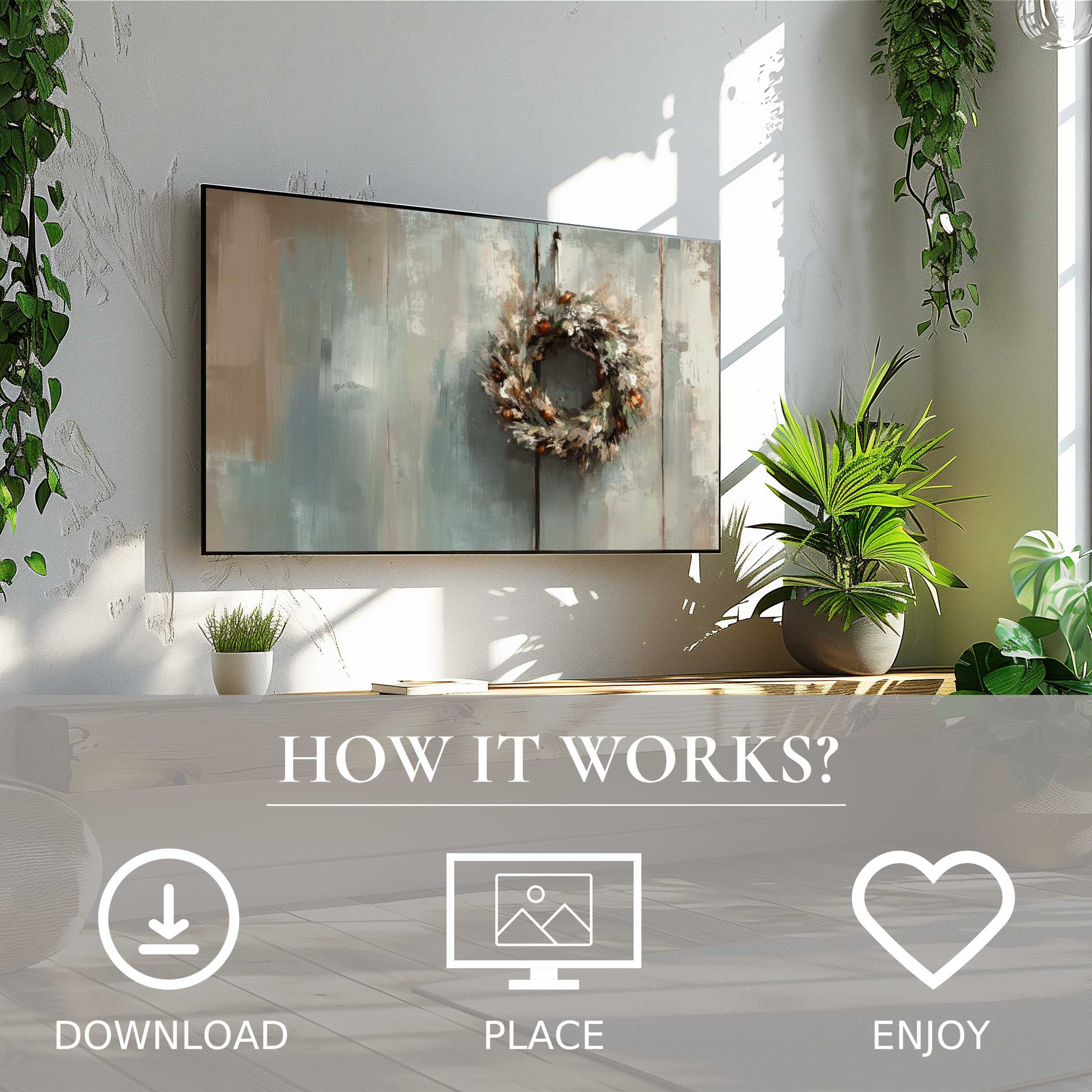 Farmhouse art for Samsung TV with soft rustic tones; easy digital download enriches your modern living space
