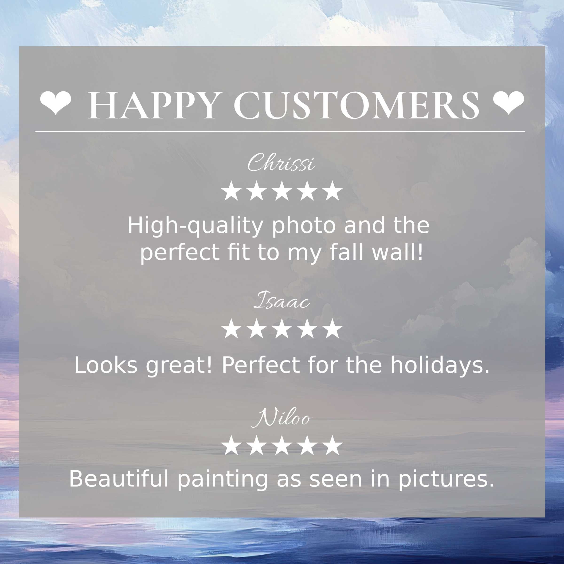 Elegant coastal art for Frame TV with abstract sunset hues, showcasing happy customer reviews that inspire trust and style