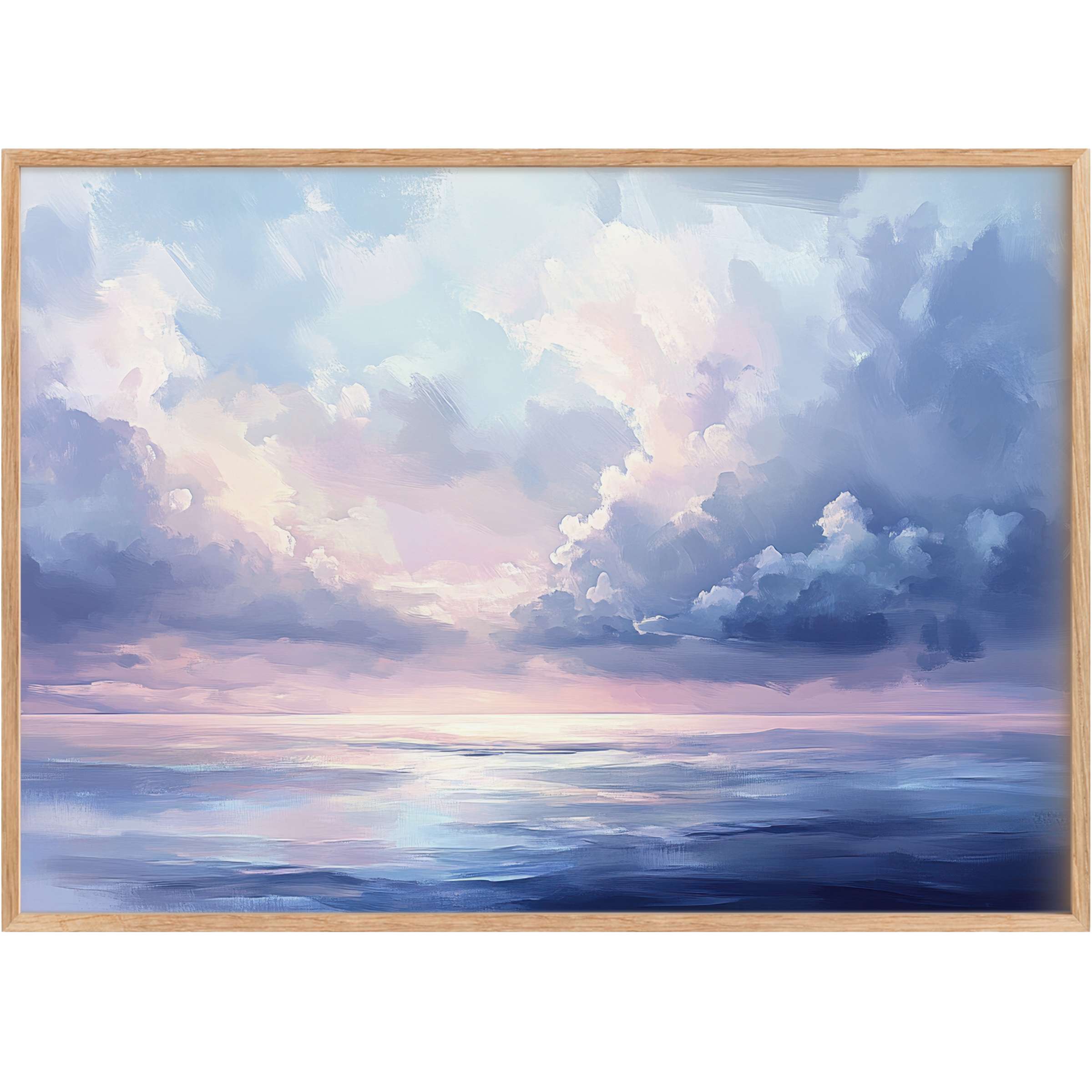 Coastal printable wall art capturing a serene ocean horizon with soft blues and gentle lavender hues, evoking tranquil elegance and calm